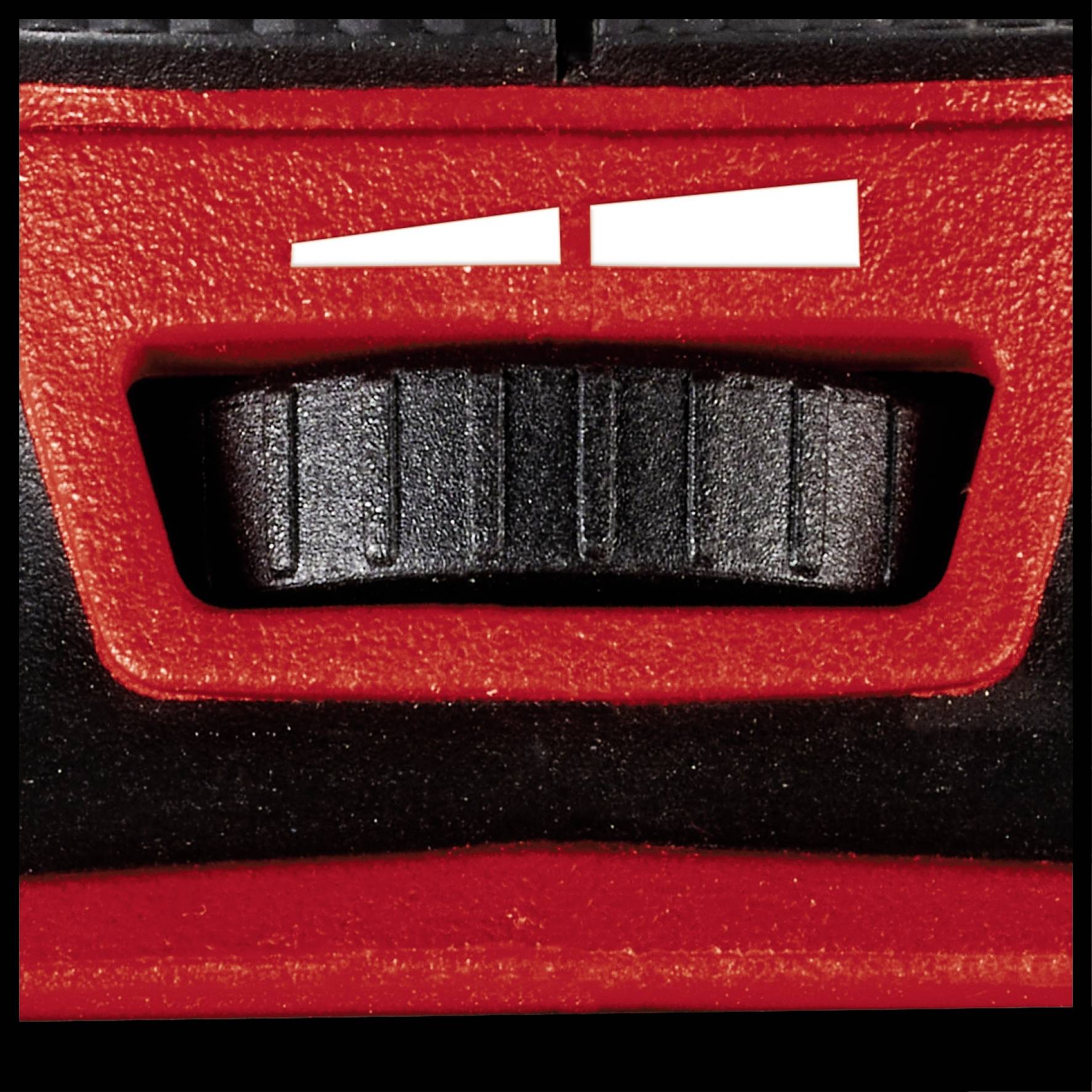 Gros plan d'un bouton rotatif noir sur un fond rouge, probablement une partie d'un outil ou d'un appareil.