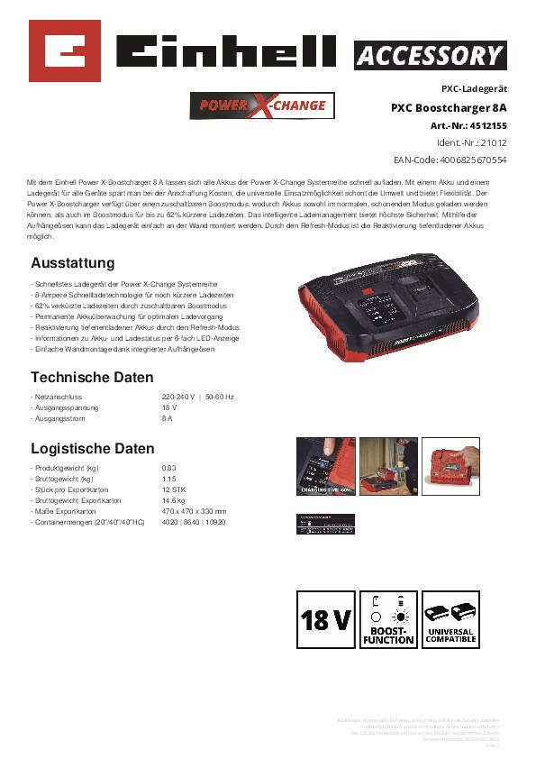 Chargeur Einhell Power X-Change PXC Boostcharger 8A. Caractéristiques techniques : 220-240V, 50/60Hz. Compatible avec batteries 18V, comprenant un port USB.