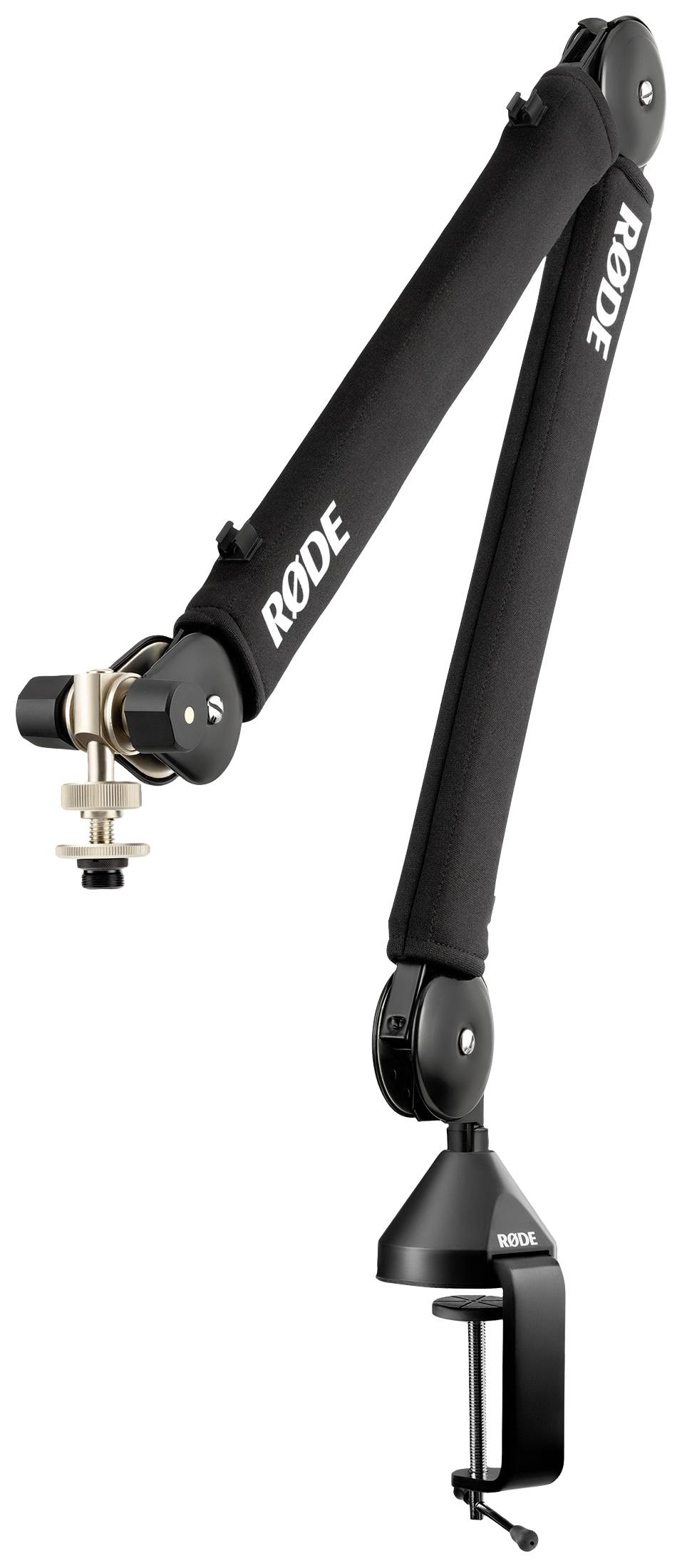 Bras pivotant pour microphone avec logo RØDE, noir, pour fixation fixe sur une table ; mobile pour ajuster la position du microphone.