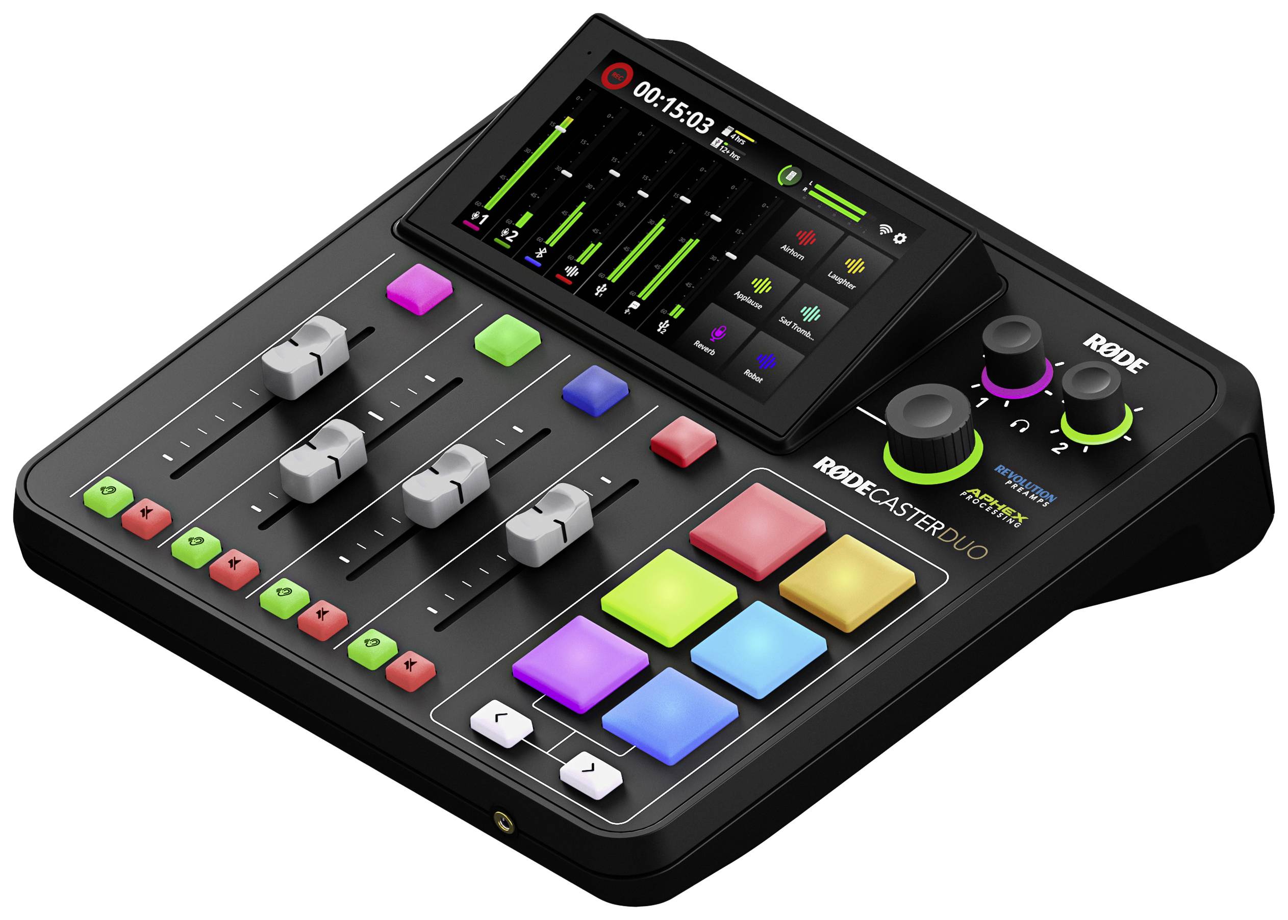 Une console de mixage audio noire avec des faders, des touches colorées et un écran. En haut à gauche, l'écran affiche les niveaux audio et un minuteur.