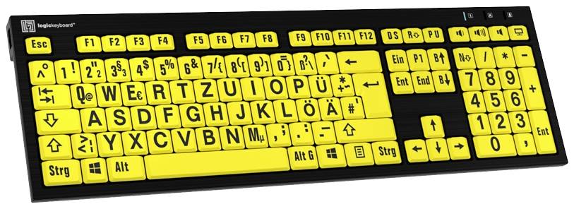 Logickeyboard XL-Print filaire Clavier allemand, QWERTZ noir touches multimédia, hub USB, Touches à frappe silencieuse