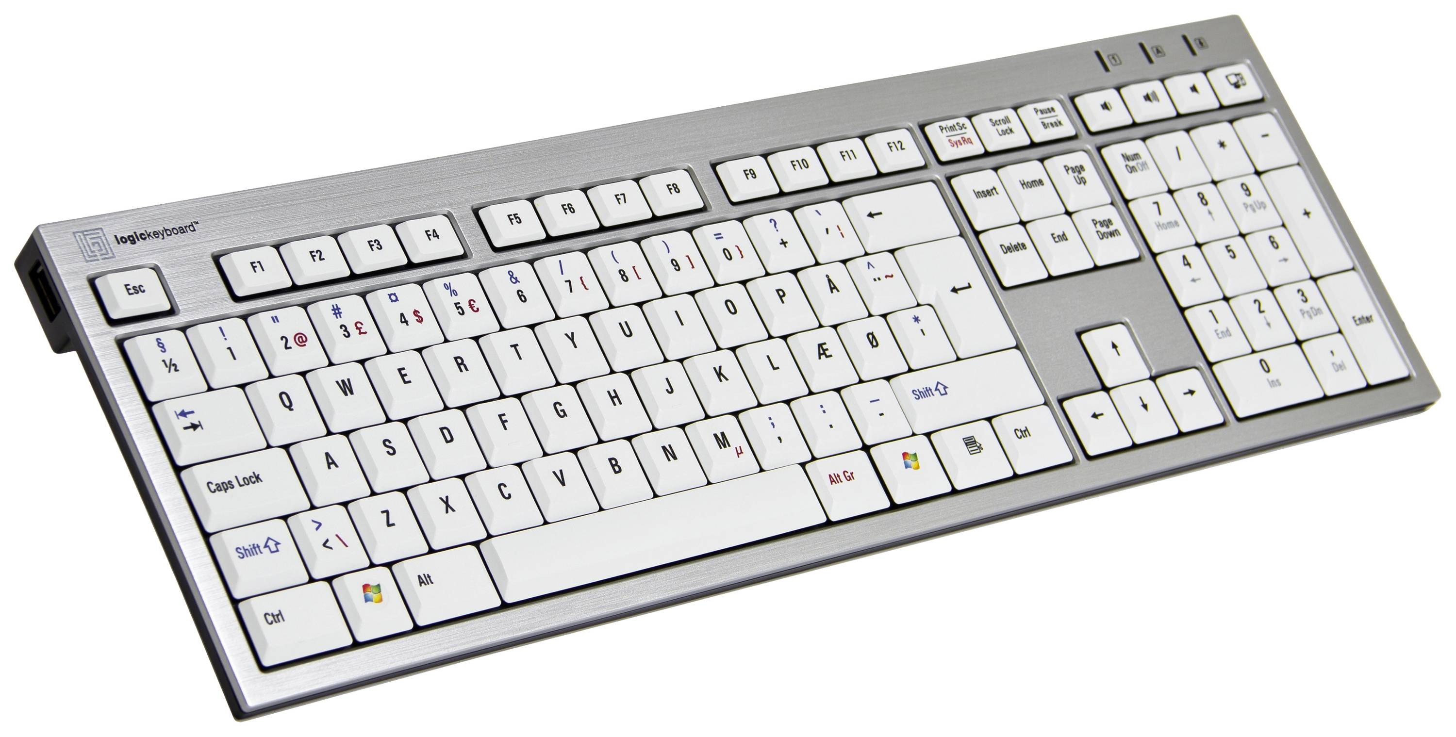 Logickeyboard Premium Line filaire Clavier allemand, QWERTZ gris touches multimédia, hub USB, Touches à frappe silencieuse