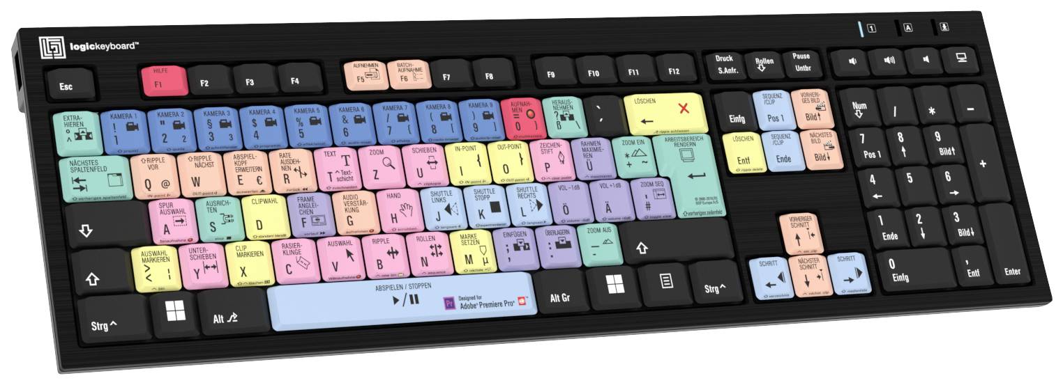 Logickeyboard Adobe Premiere Pro CC filaire Clavier allemand, QWERTZ noir touches multimédia, hub USB, Touches à frappe