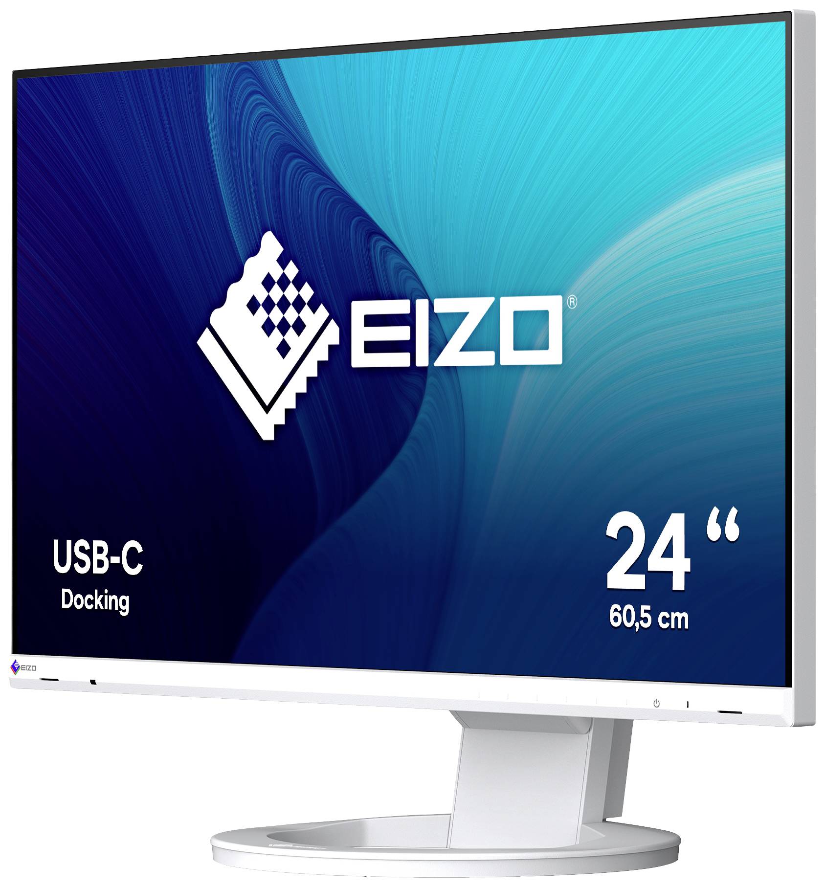 Un moniteur Eizo de 24 pouces avec fonction de station d'accueil USB-C, l'écran affichant un motif bleu abstrait.