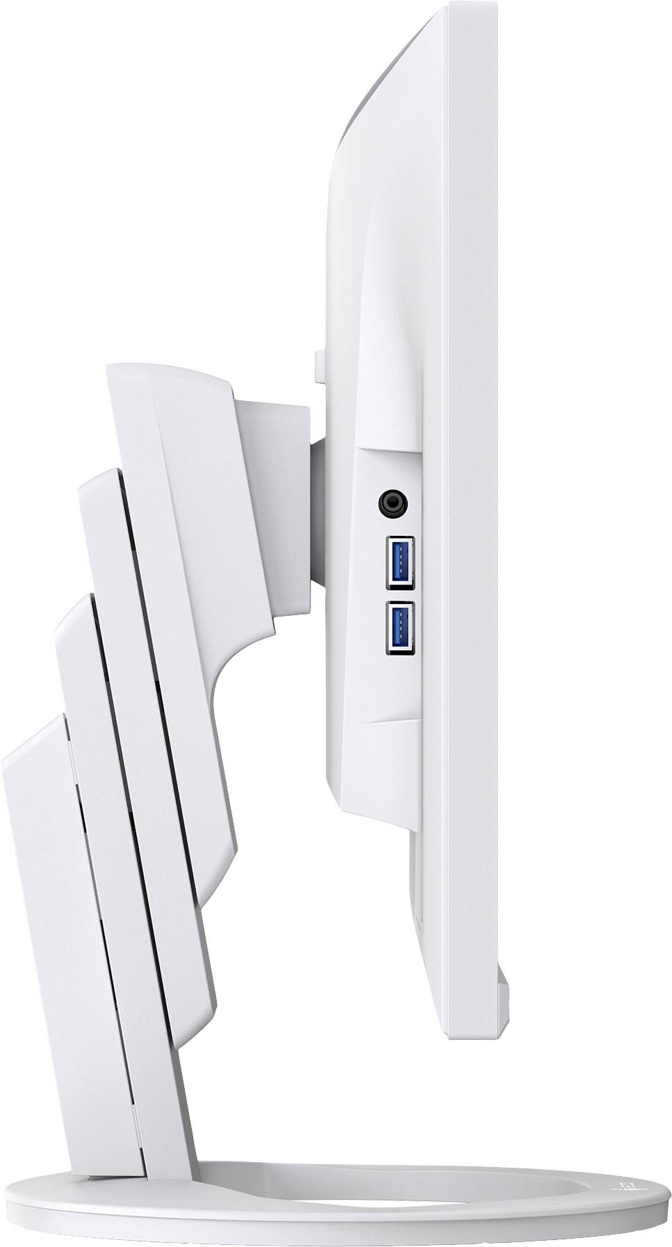 Un moniteur d'ordinateur blanc vu de côté, avec un support réglable et deux ports USB.