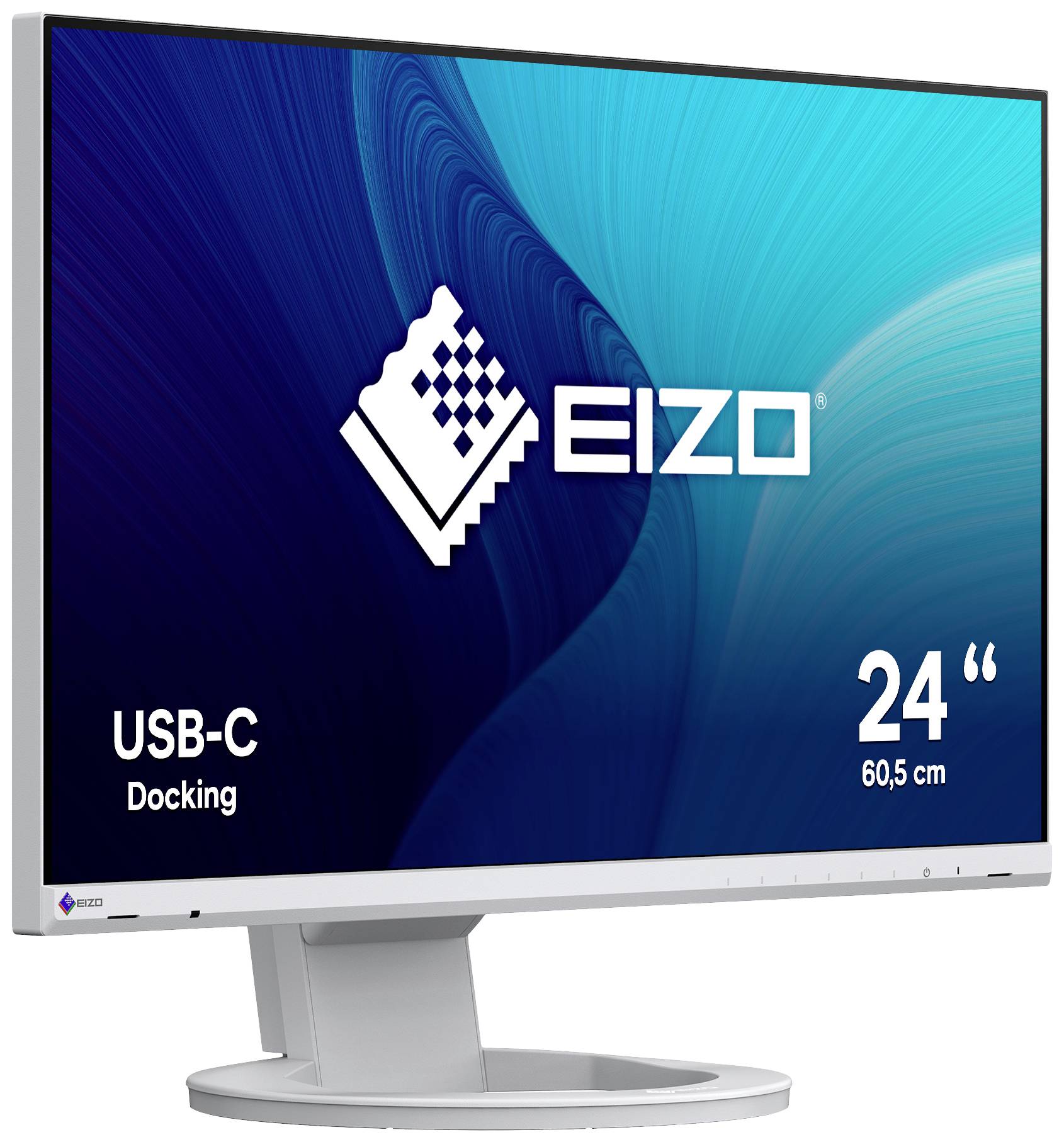 Un moniteur EIZO de 24 pouces avec station d'accueil USB-C, présenté sur un fond bleu ondulé.