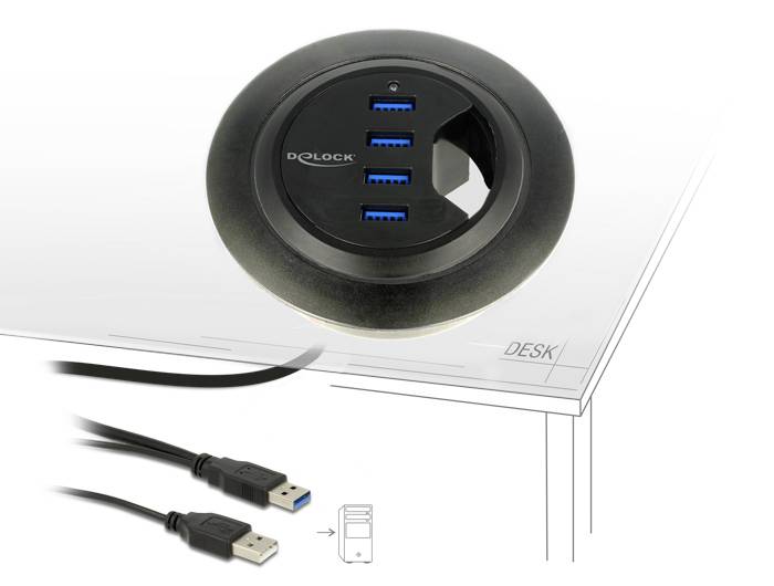 Hub USB rond avec quatre ports USB bleus, intégré dans un bureau avec des câbles visibles.