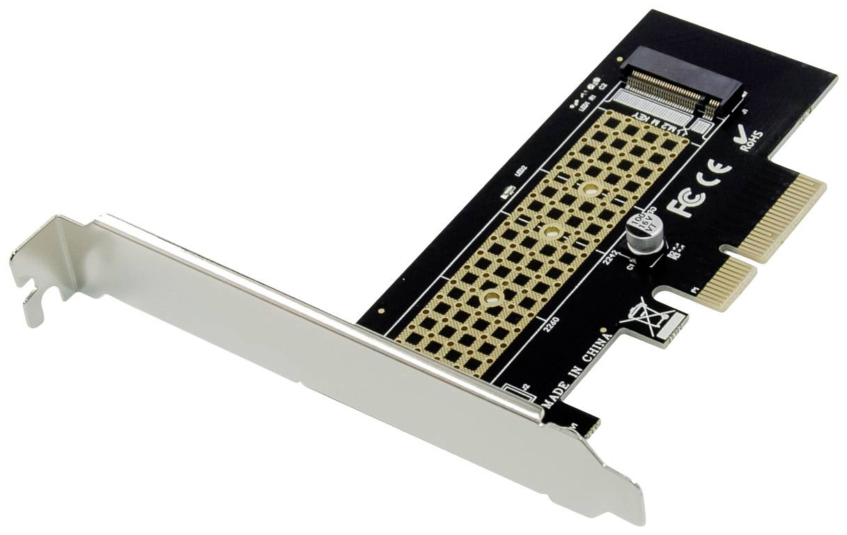 Une carte d'extension PCIe pour ordinateur, montrant des contacts métalliques et des connecteurs pour l'installation dans un PC de bureau.