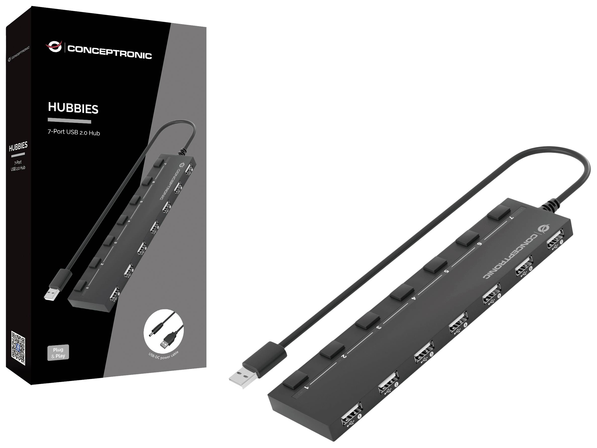 Un hub USB noir à sept ports, connecté par câble. L'emballage présente la même image du produit et le logo de la marque.