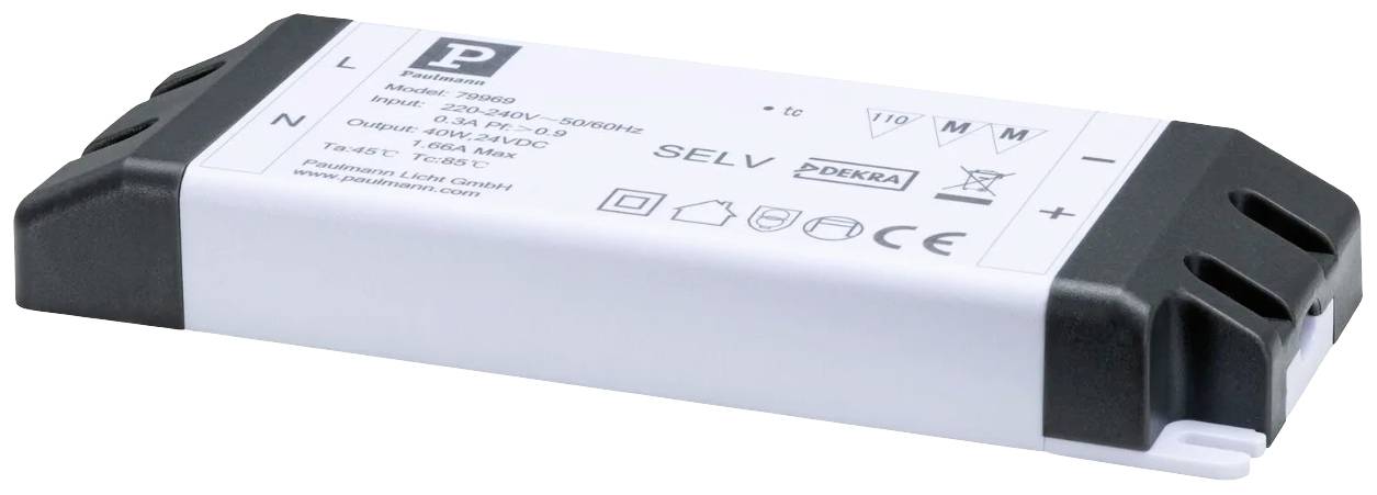 Unité d'alimentation électrique avec sceau CE et DEKRA. Étiquetée 'SELV'. Adaptée à l'éclairage intérieur par LED.