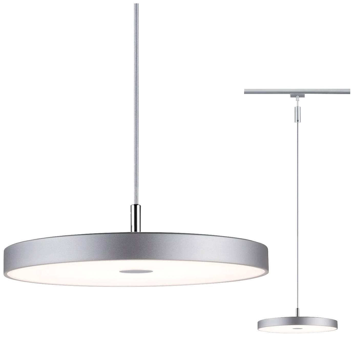 Lampe suspendue ronde en argent, de forme plate, au design moderne et dotée d'un câble fin et droit.