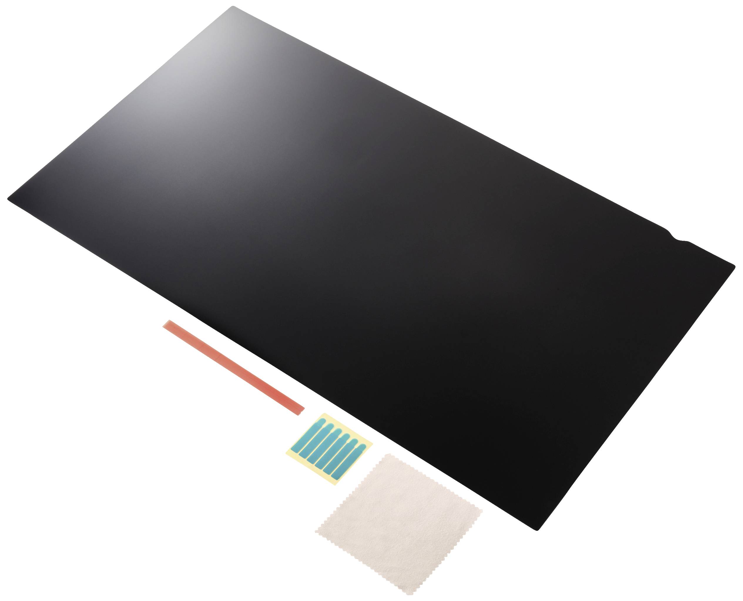 Un filtre antireflet noir rectangulaire pour écrans, avec une bande adhésive rouge, des lignes directrices bleues et un chiffon de nettoyage blanc.