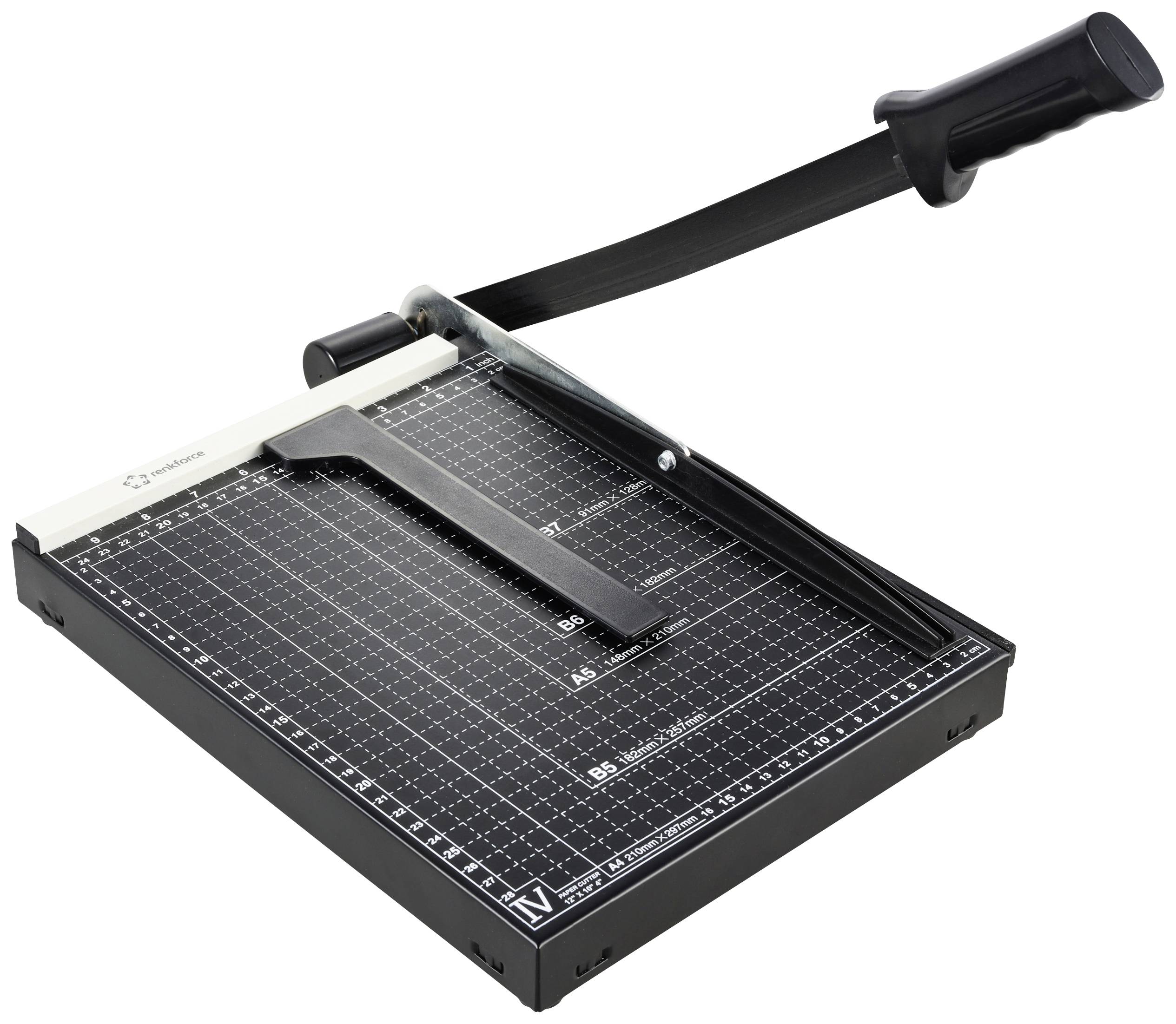 Massicot à levier sur base noire, avec échelle de mesure carrée. Principalement utilisé pour couper des feuilles de papier.