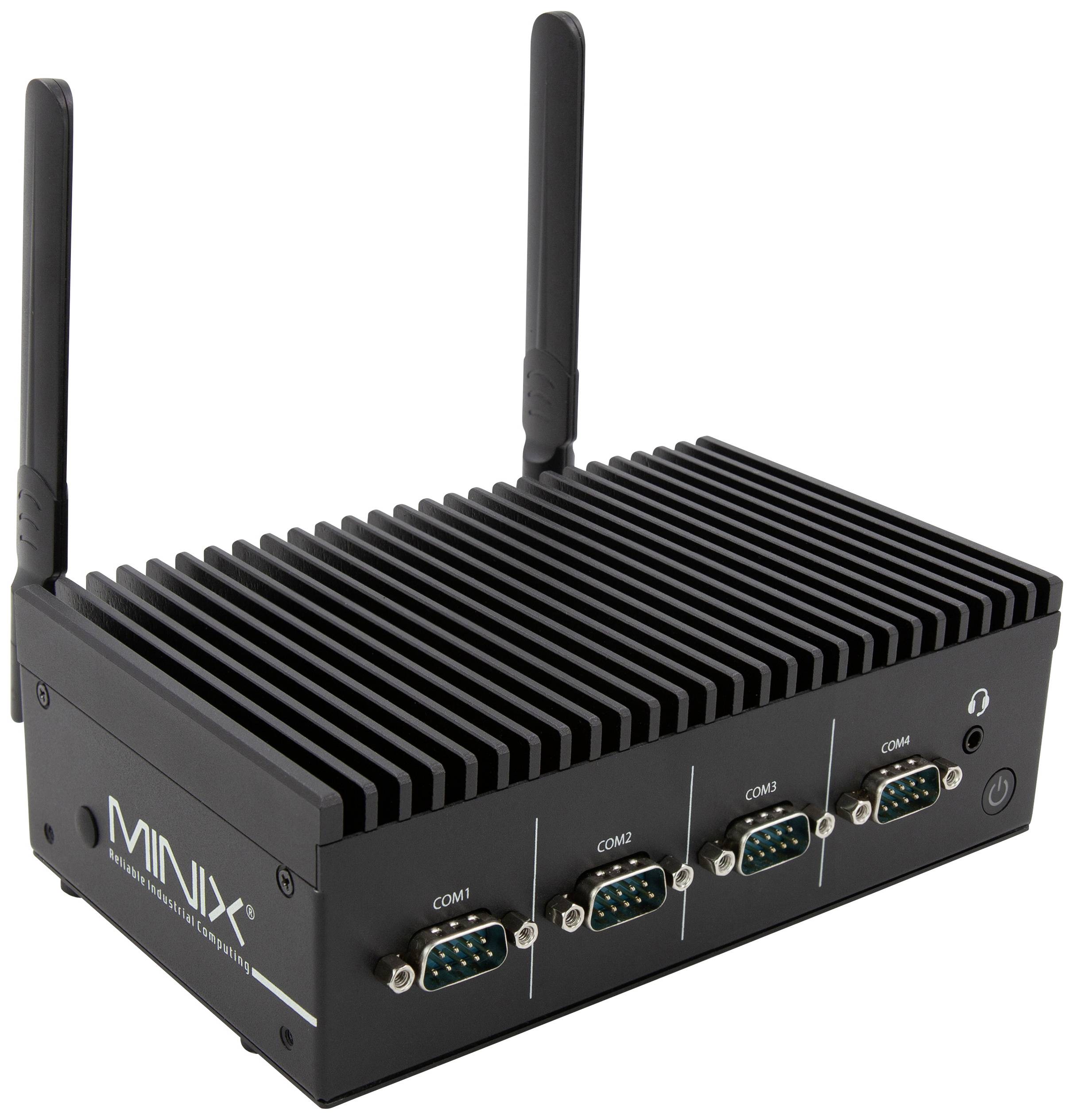 Ordinateur industriel avec boîtier noir, deux antennes et quatre ports COM à l'avant. Adapté aux applications industrielles robustes.