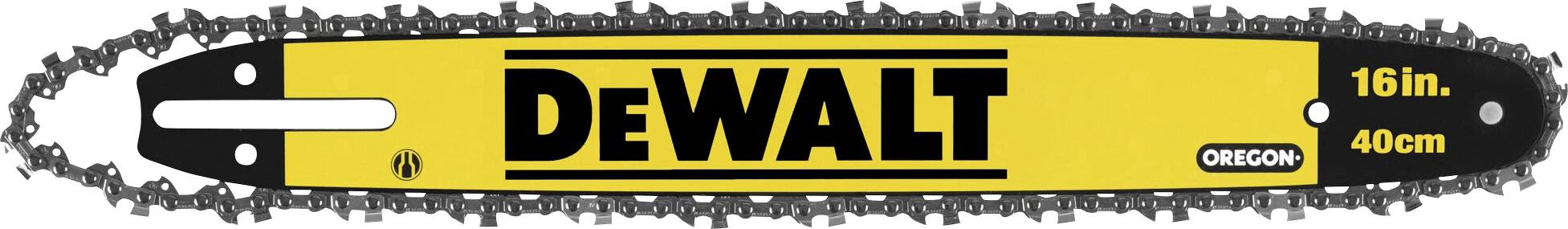 Chaîne de tronçonneuse DEWALT, jaune avec logo noir. Longueur : 16 pouces (40 cm). Compatible avec les tronçonneuses.