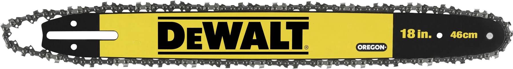 Guide-chaîne de tronçonneuse DeWalt, jaune et noir, longueur 18 pouces (46 cm), avec le logo Oregon sur la droite de la guide-chaîne.