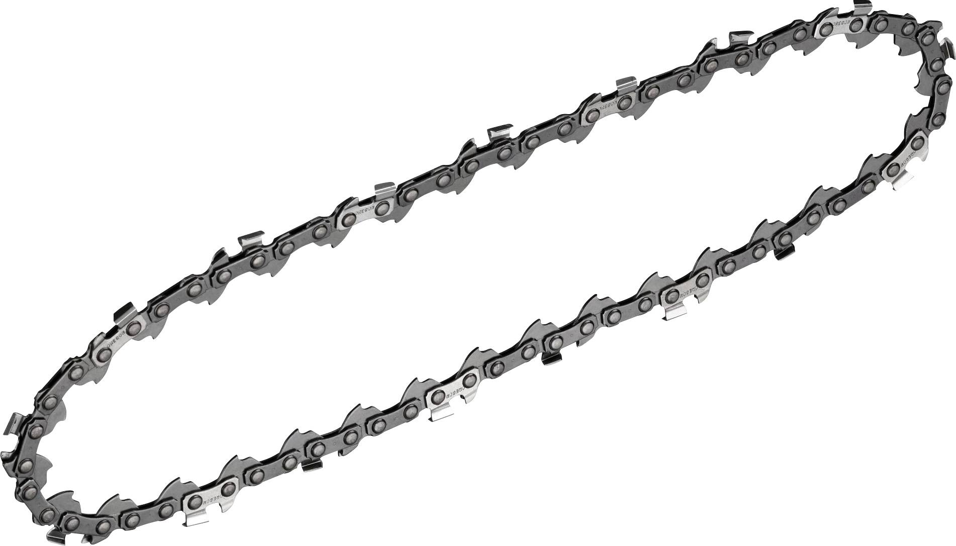 Une chaîne de tronçonneuse métallique en forme ovale, vue d'en haut.