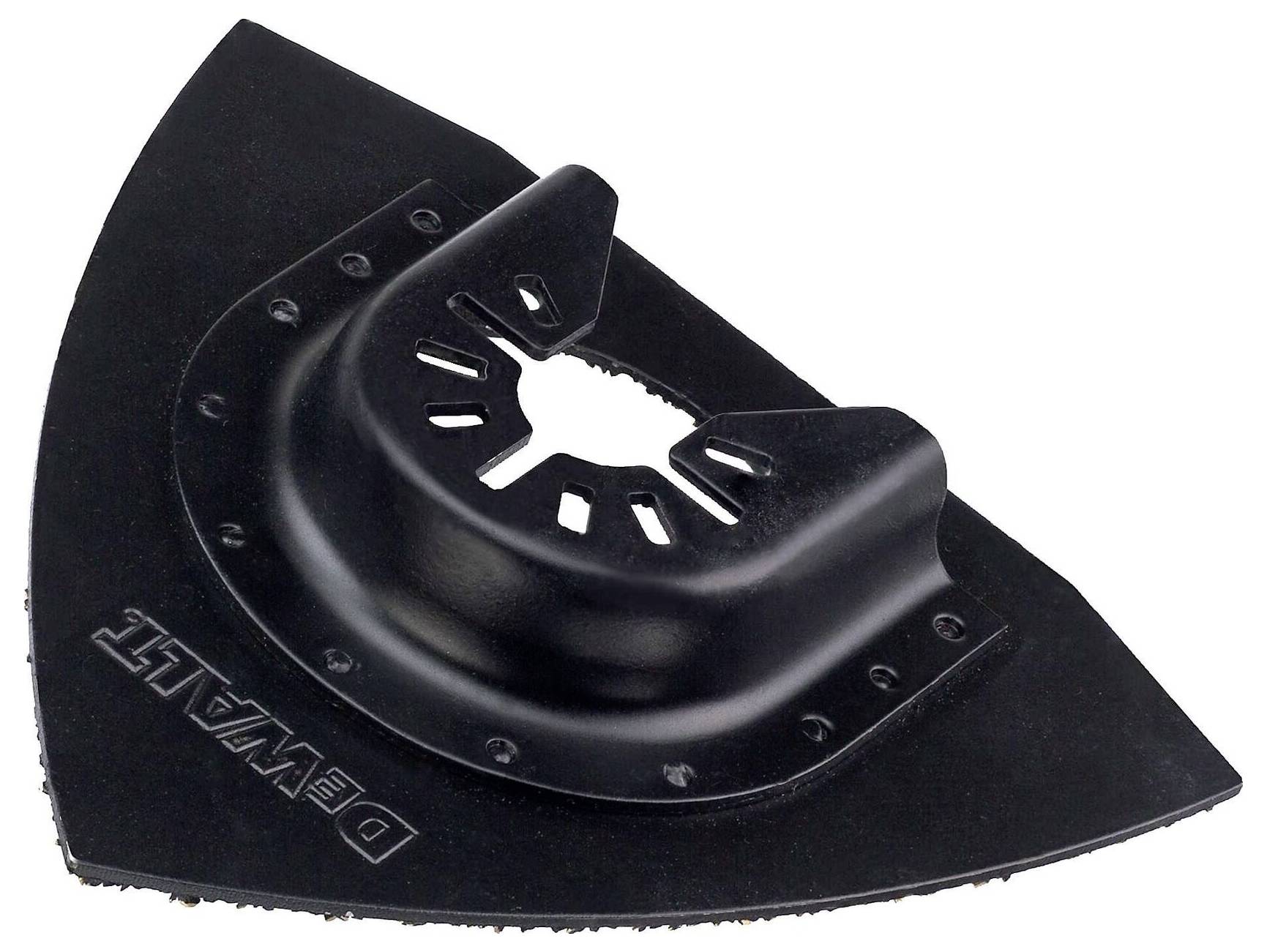 Accessoire triangulaire en métal noir avec protection semi-circulaire en plastique pour un outil électrique, le nom de la marque étant visible.