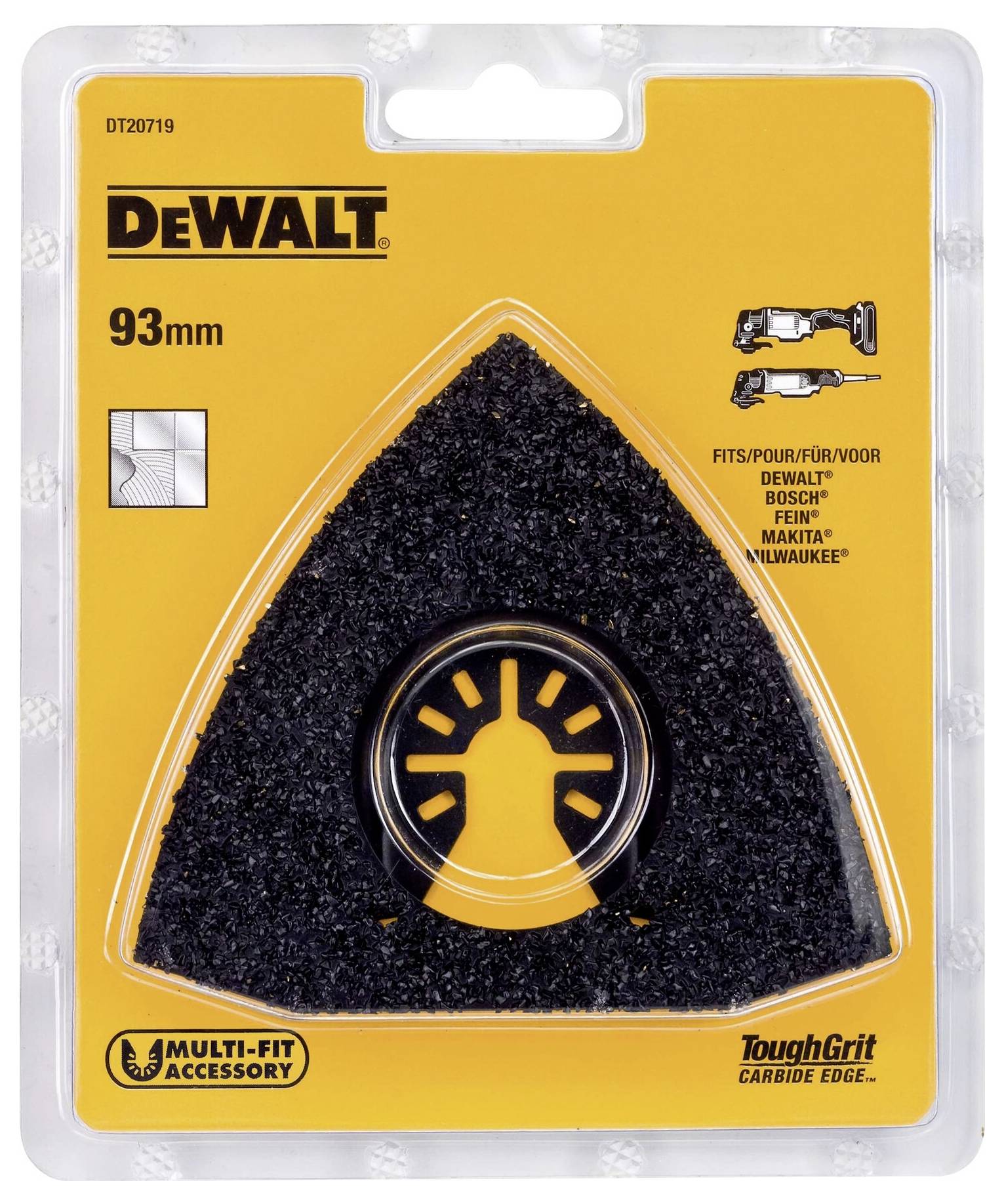 Tampon de papier abrasif triangulaire DeWalt, 93 mm, compatible avec Multi-Fit pour différents outils, face avant de l'emballage.