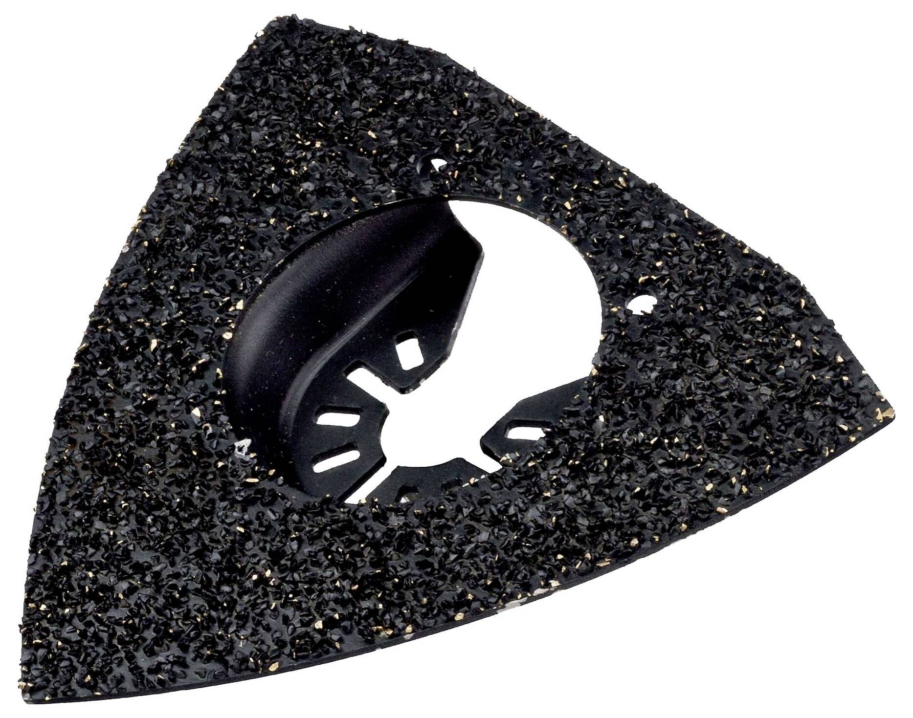 Tampon de ponçage triangulaire noir avec bords arrondis et surface rugueuse, adapté pour les outils multifonctions oscillants.