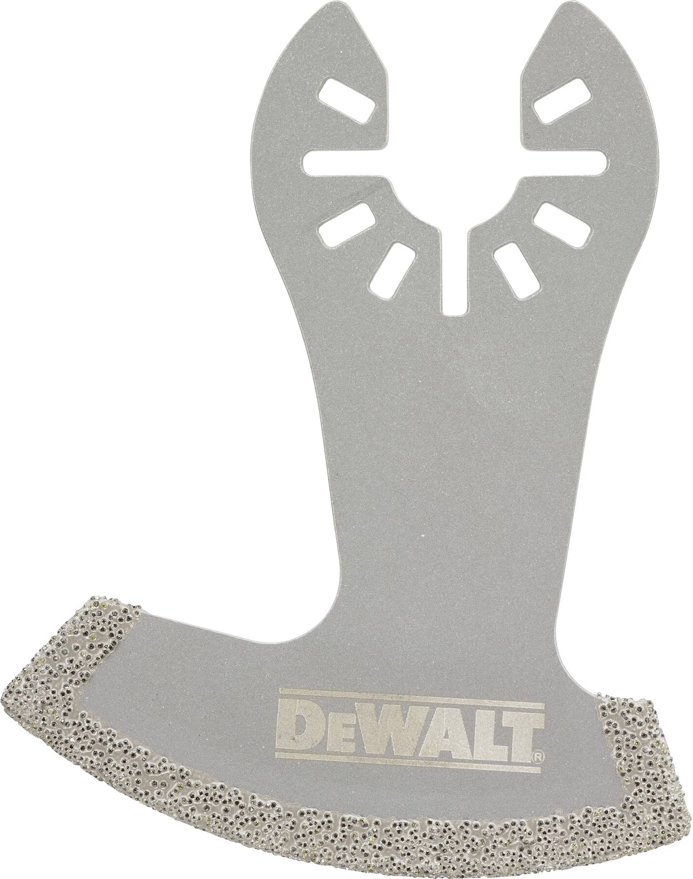 Lame de scie oscillante DeWALT à bord diamanté, adaptée pour couper précisément des matériaux durs tels que les carrelages.