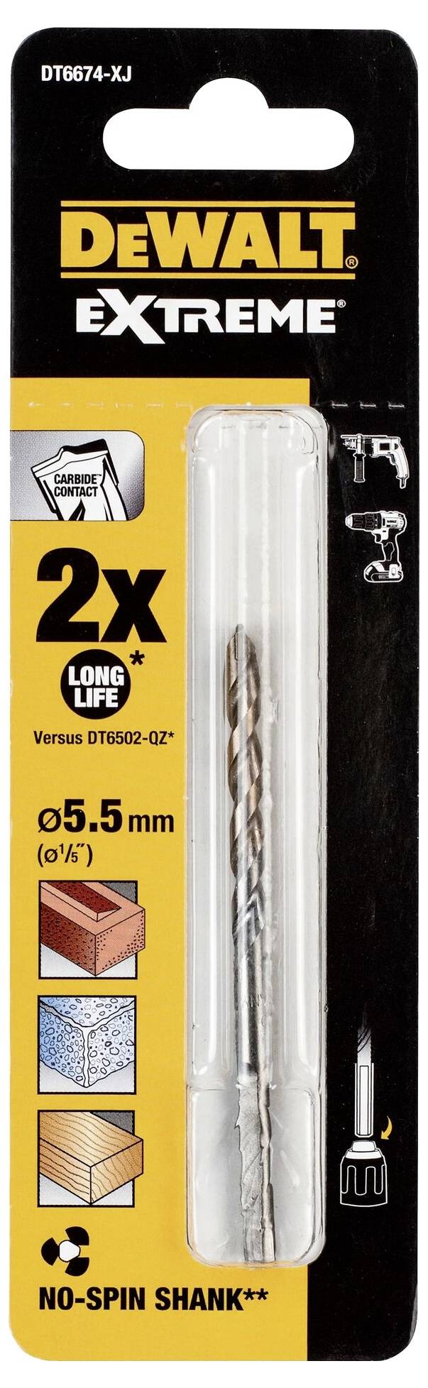 Coffret de forets DeWalt Extreme de diamètre 5,5 mm avec mention '2x Longue Durée'. Adapté pour le bois, le métal et le plastique.