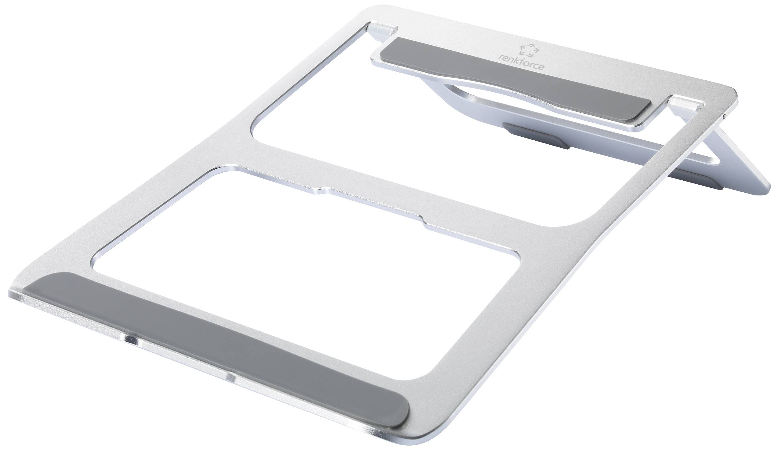 Un support d'ordinateur portable argenté avec une surface inclinée, des bandes antidérapantes en caoutchouc et des fentes de ventilation pour optimiser l'utilisation du portable.