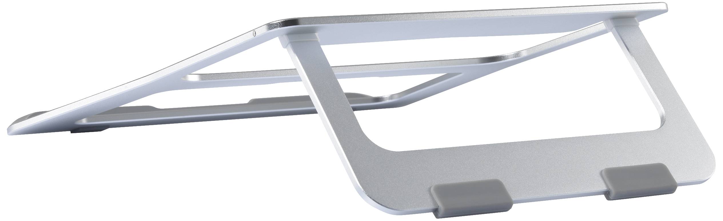 Un support d'ordinateur portable argenté et incliné, muni de deux supports en dessous, conçu pour surélever et améliorer la ventilation d'un ordinateur portable.