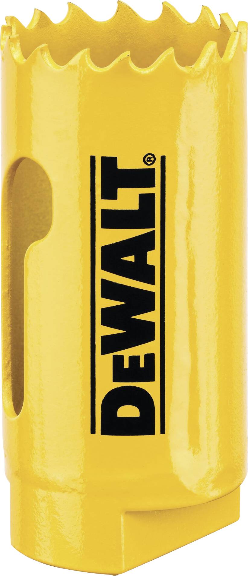 Embout de perceuse jaune avec bord dentelé et logo 'DEWALT' au centre, adapté pour les travaux de perçage dans le bois ou le métal.