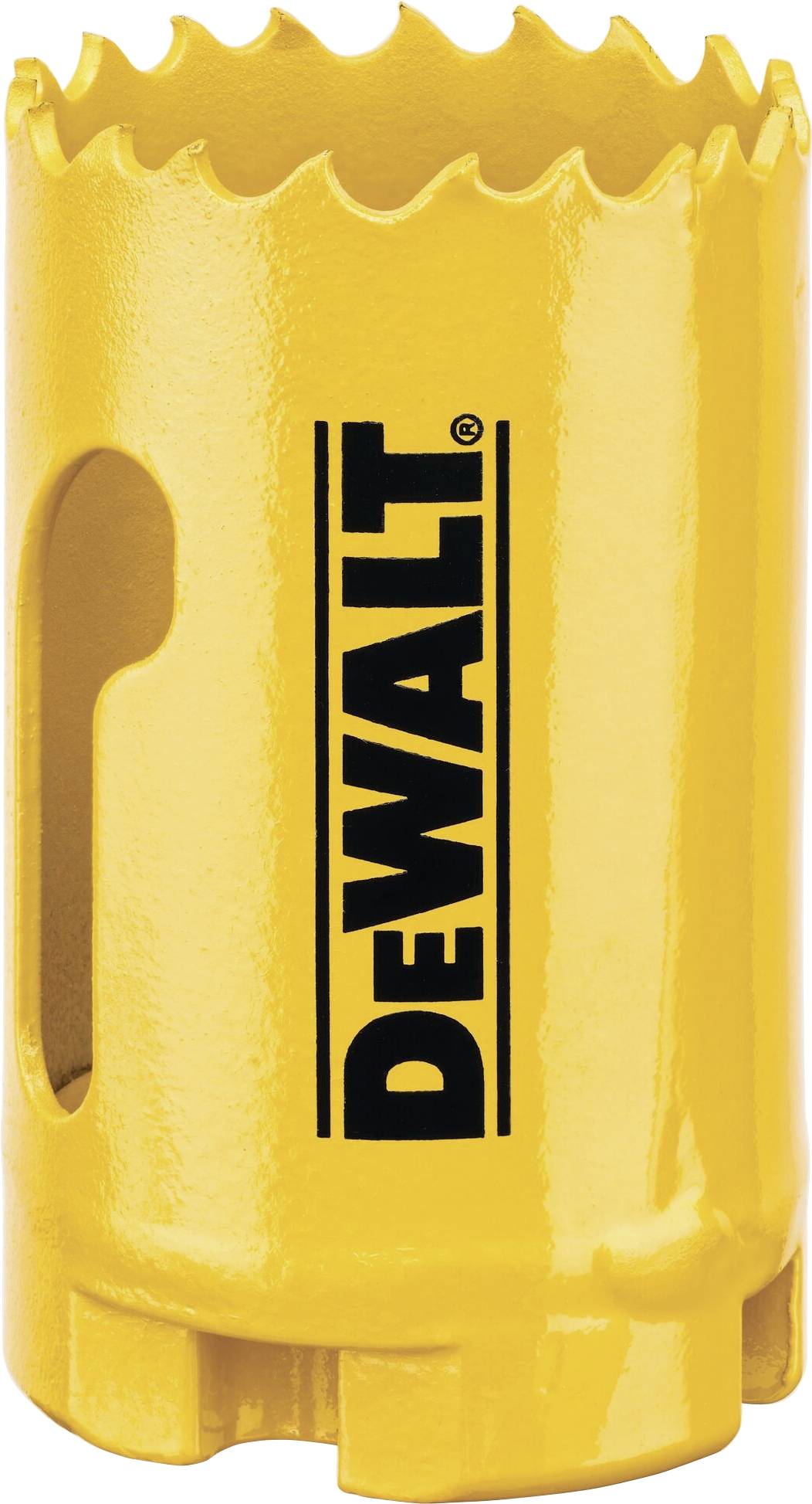Lame de scie cloche jaune DeWALT à bord dentelé, utilisée pour réaliser des découpes circulaires dans des matériaux durs.