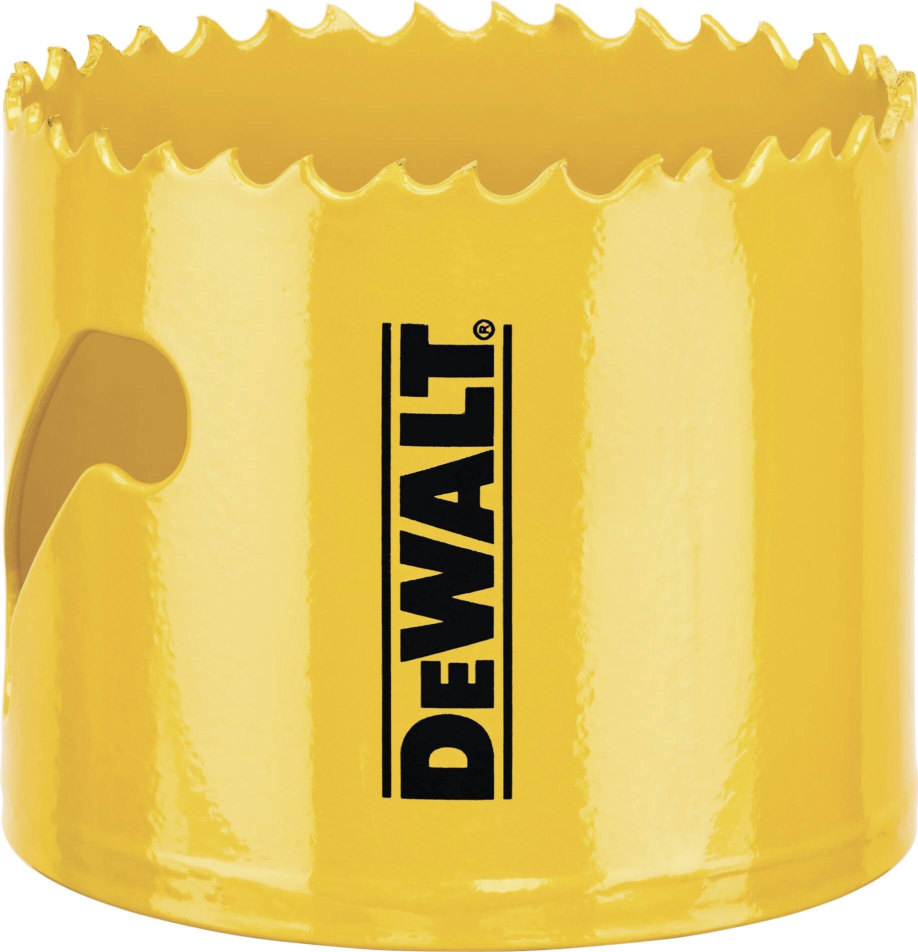 Embout de scie cloche jaune avec bord dentelé et logo noir 'DEWALT'.