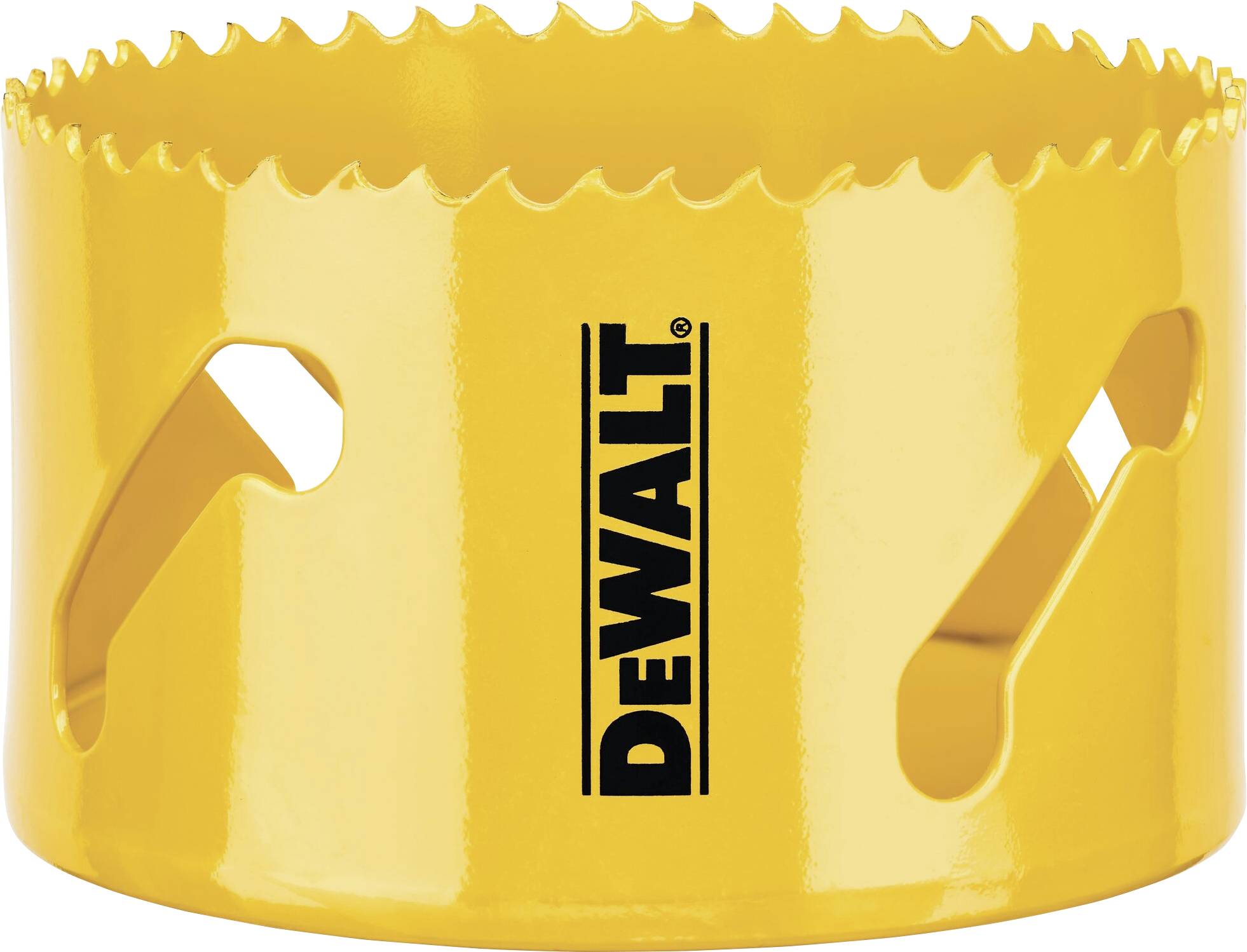 Un embout de scie cloche jaune de la marque Dewalt avec un bord dentelé, utilisé pour percer de grands trous dans divers matériaux.