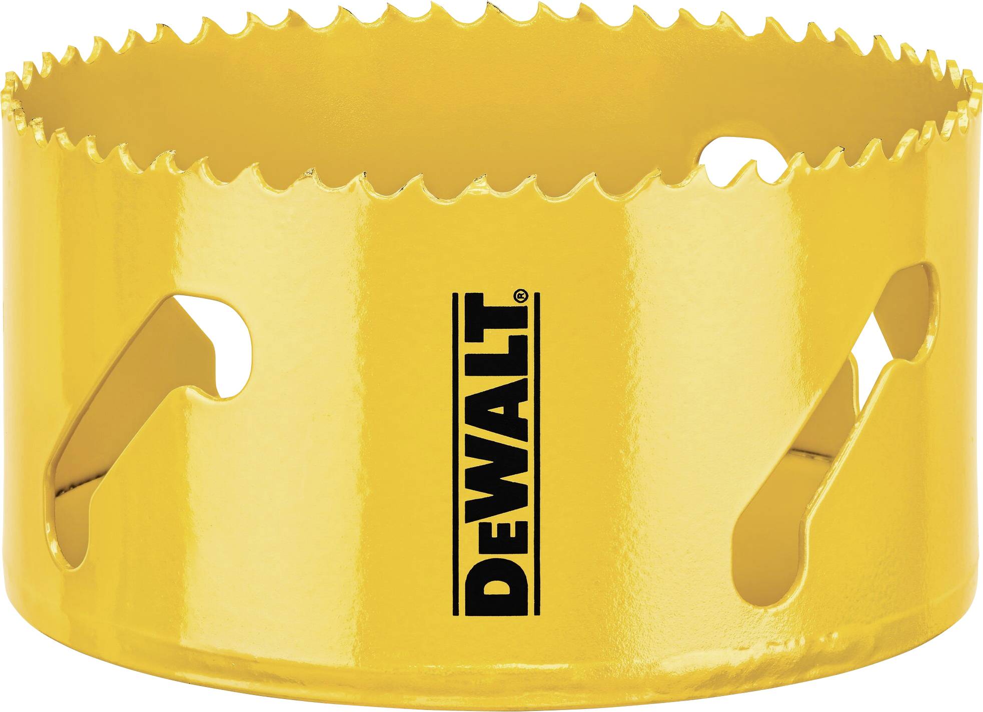 Scie cloche jaune avec des dents acérées, marque 'DeWalt' au centre.