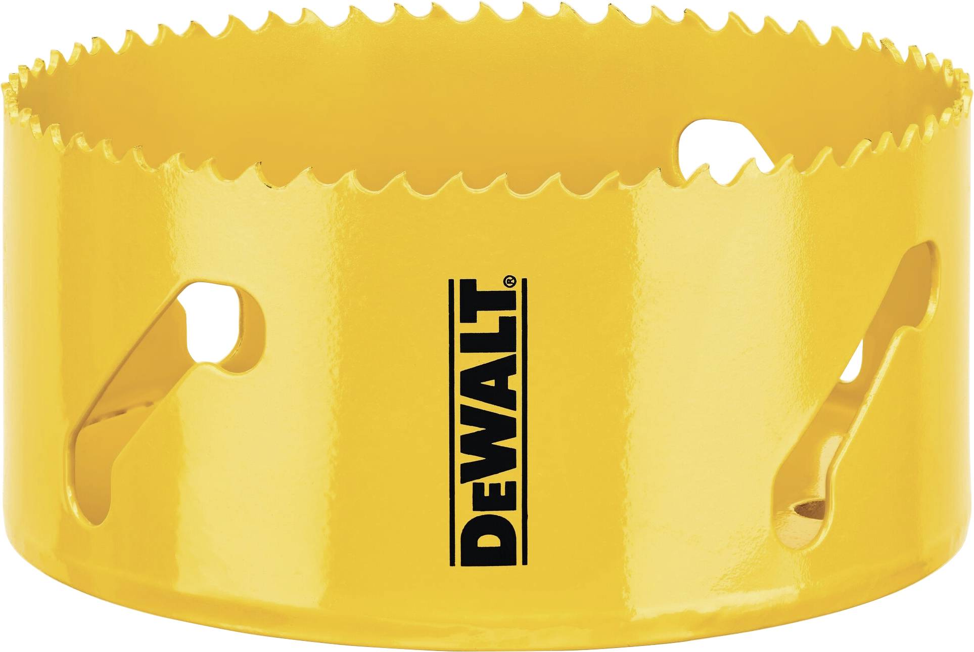 Embout de forage à bord dentelé, peint en jaune. Logo 'DEWALT' marqué en noir. Pour couronne de forage ou outils de coupe.