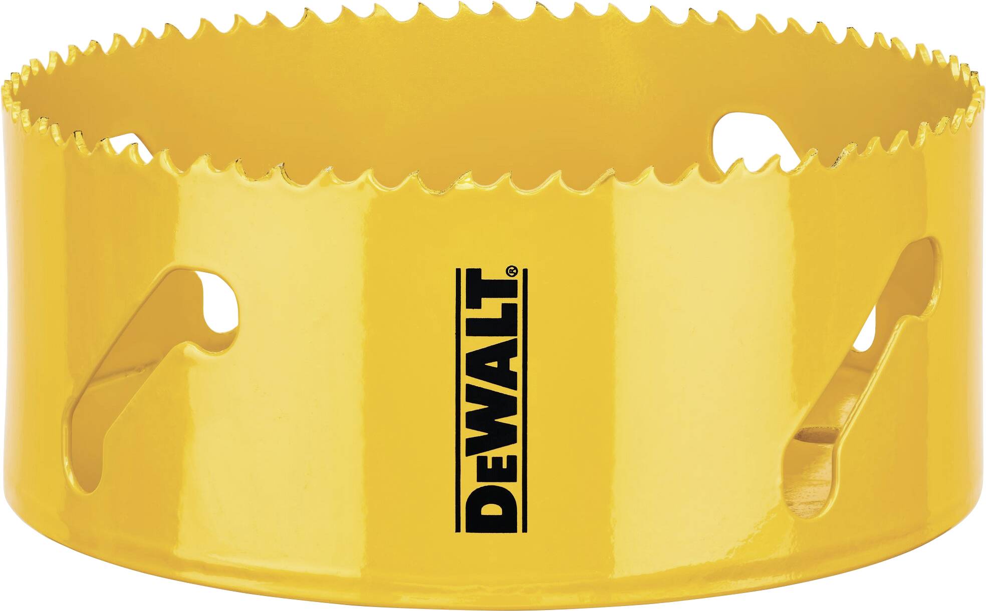 Coupe-cercle jaune à dentelures, marque 'DeWalt', adapté pour percer de grands trous dans des matériaux tels que le bois ou le métal.