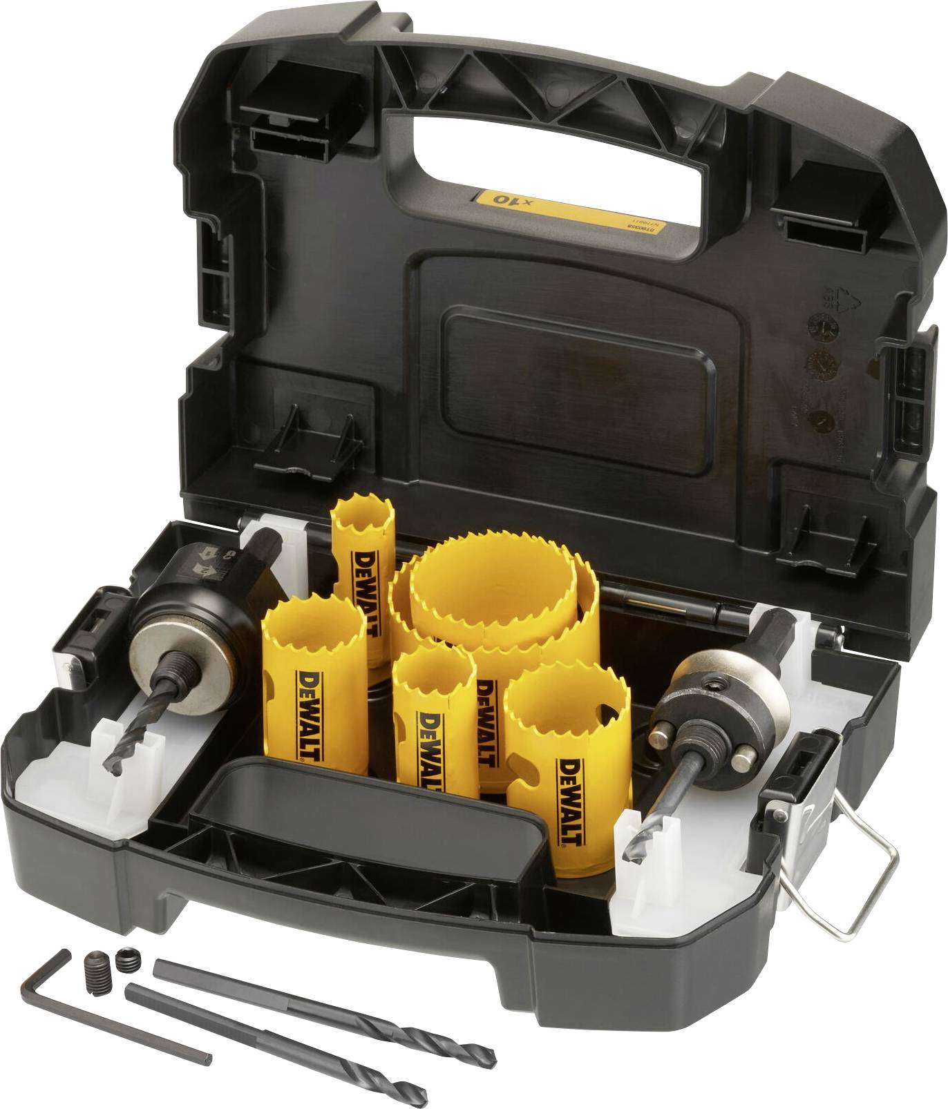 Ensemble de forets à bois Dewalt jaunes et embouts dans un coffret noir.