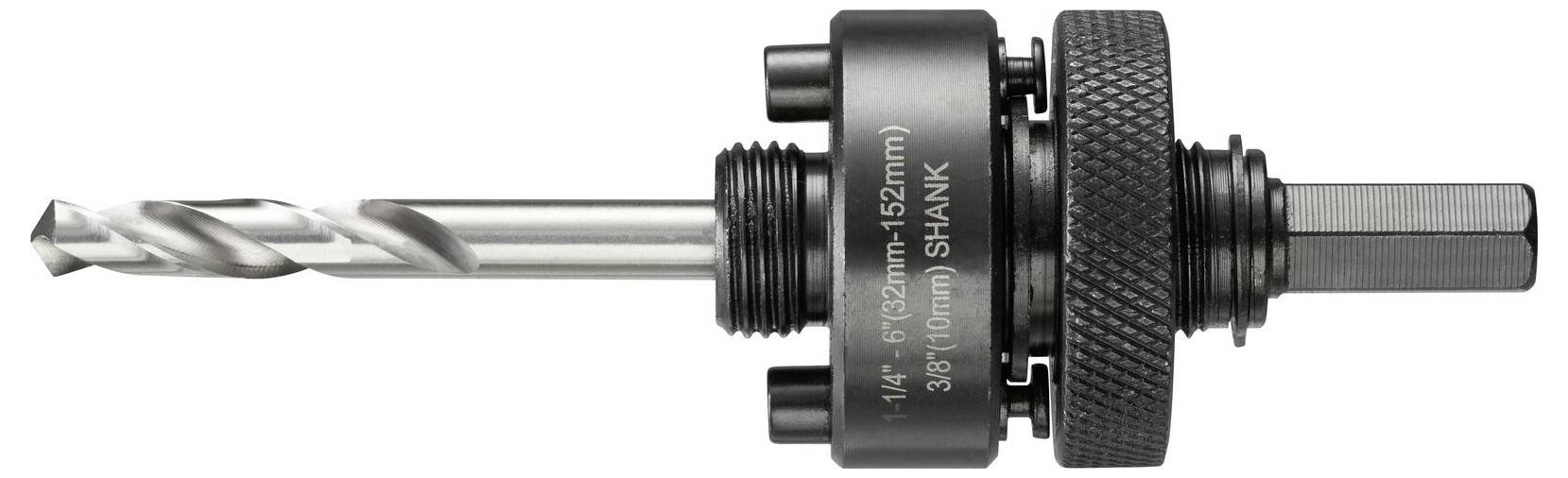 Foret métallique avec adaptateur de fixation noir, adapté pour la fixation de scies-cloches, sur fond blanc.