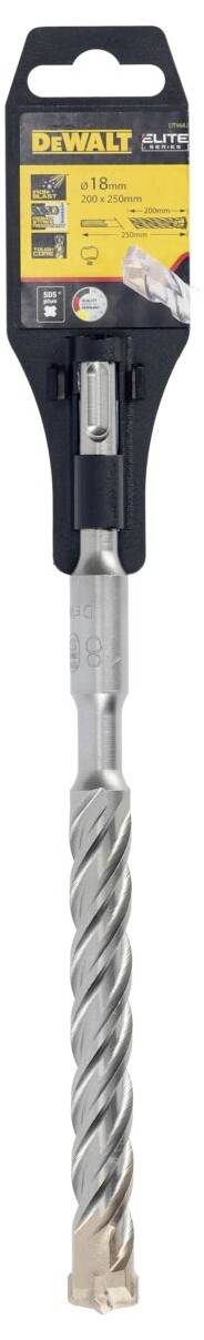 Un foret DeWalt, type 4 Elite SDS Plus, avec tige hélicoïdale à 6 segments, conditionné dans un support noir.