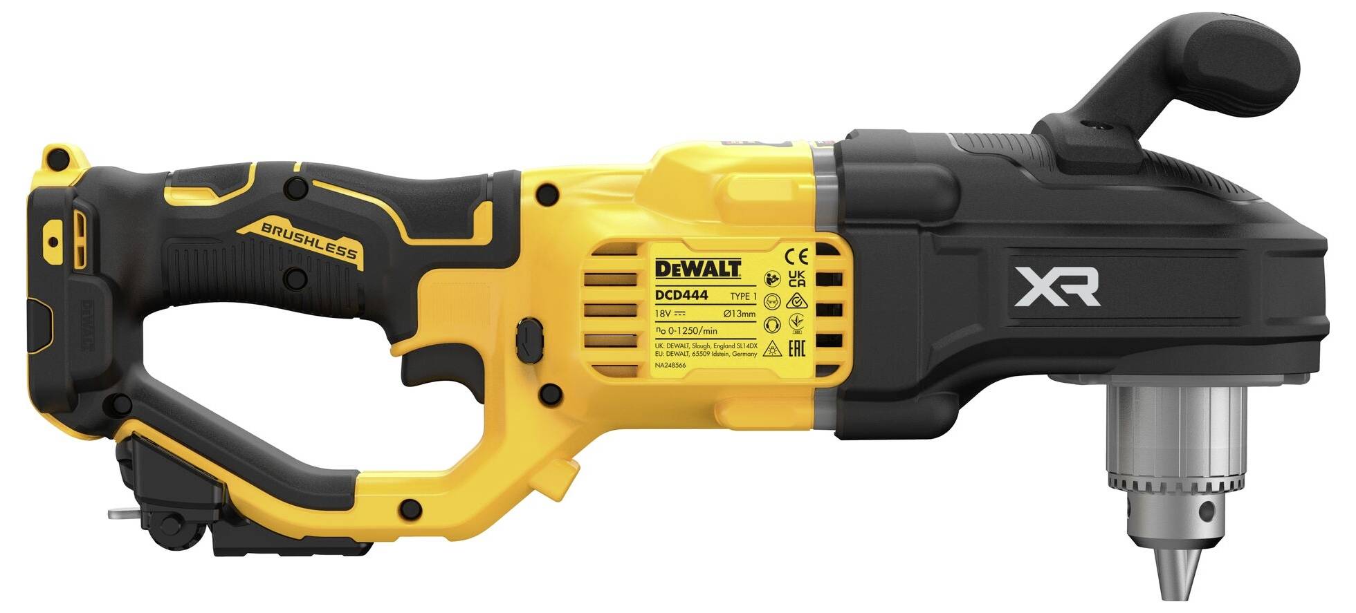 Un modèle de visseuse-perceuse sans fil Dewalt jaune, présenté de côté. Adaptée aux endroits difficiles d'accès.