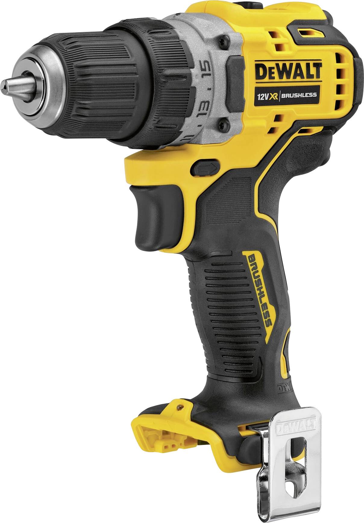 Un tournevis sans fil DeWalt jaune et noir, 12V, moteur brushless, avec clip de ceinture sur le côté, pour le vissage et le perçage.