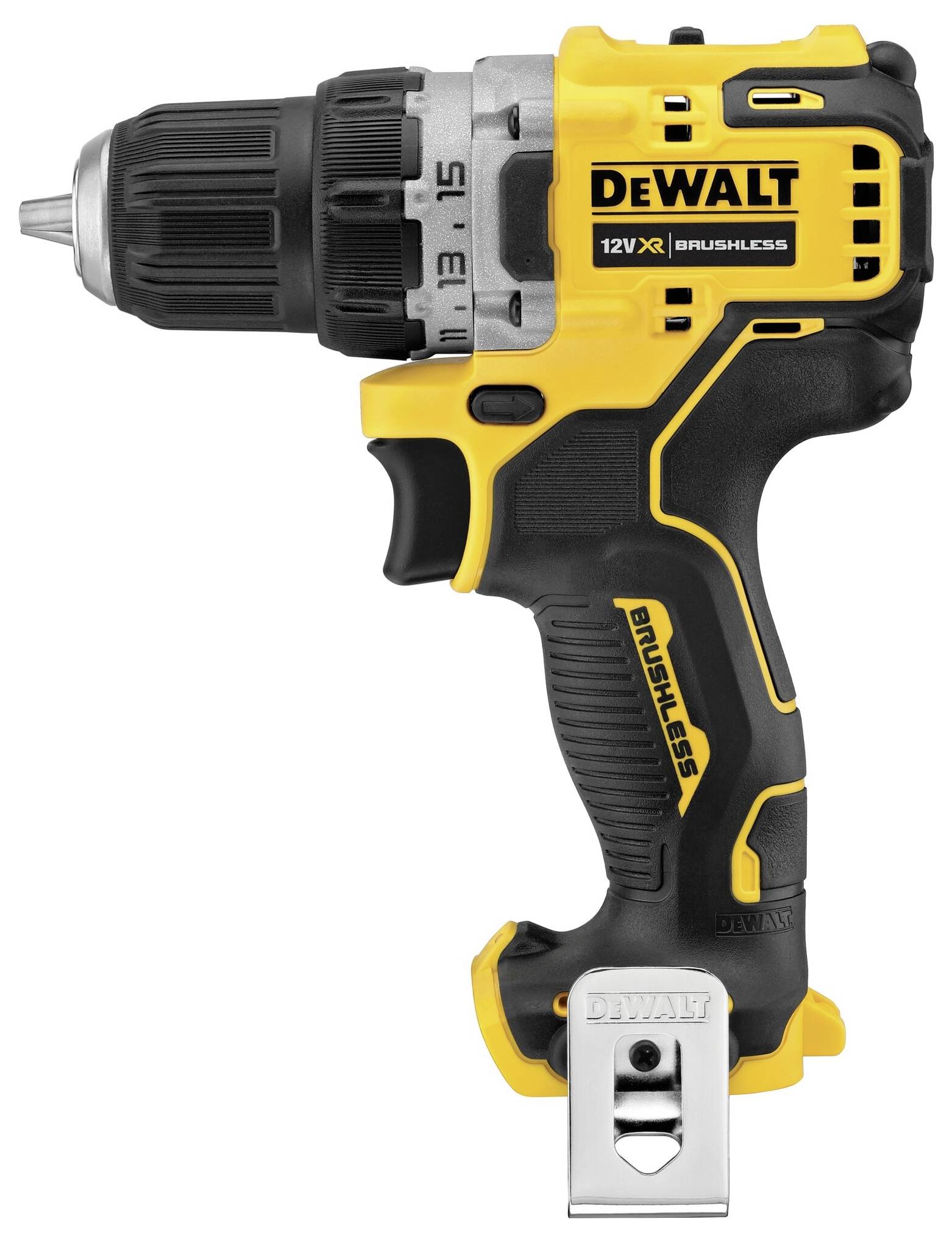 Un tournevis-perceuse jaune DEWALT XR 12V Brushless. Design compact, idéal pour des travaux de perçage précis.