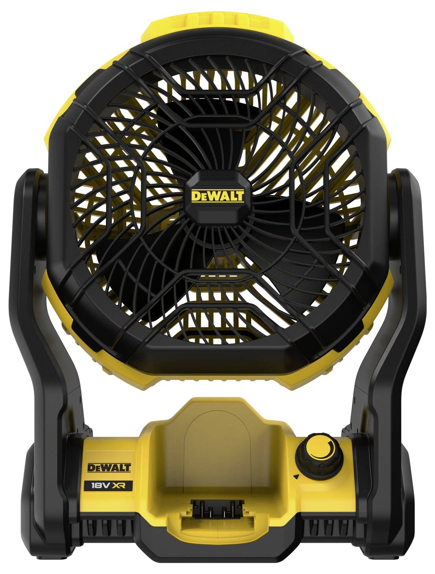Un ventilateur portable jaune et noir de la marque DeWalt, alimenté par une batterie XR 18V, avec un régulateur de vitesse réglable.