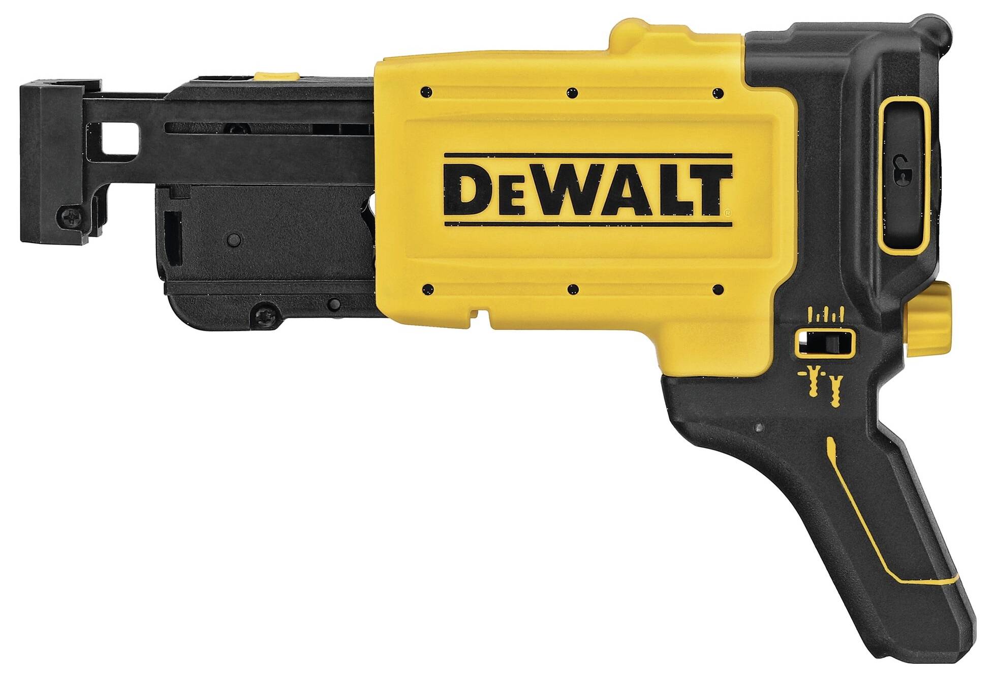 Outil DeWalt, design noir et jaune, vue latérale. Appareil électrique, probablement utilisé pour des travaux de construction ou de montage.