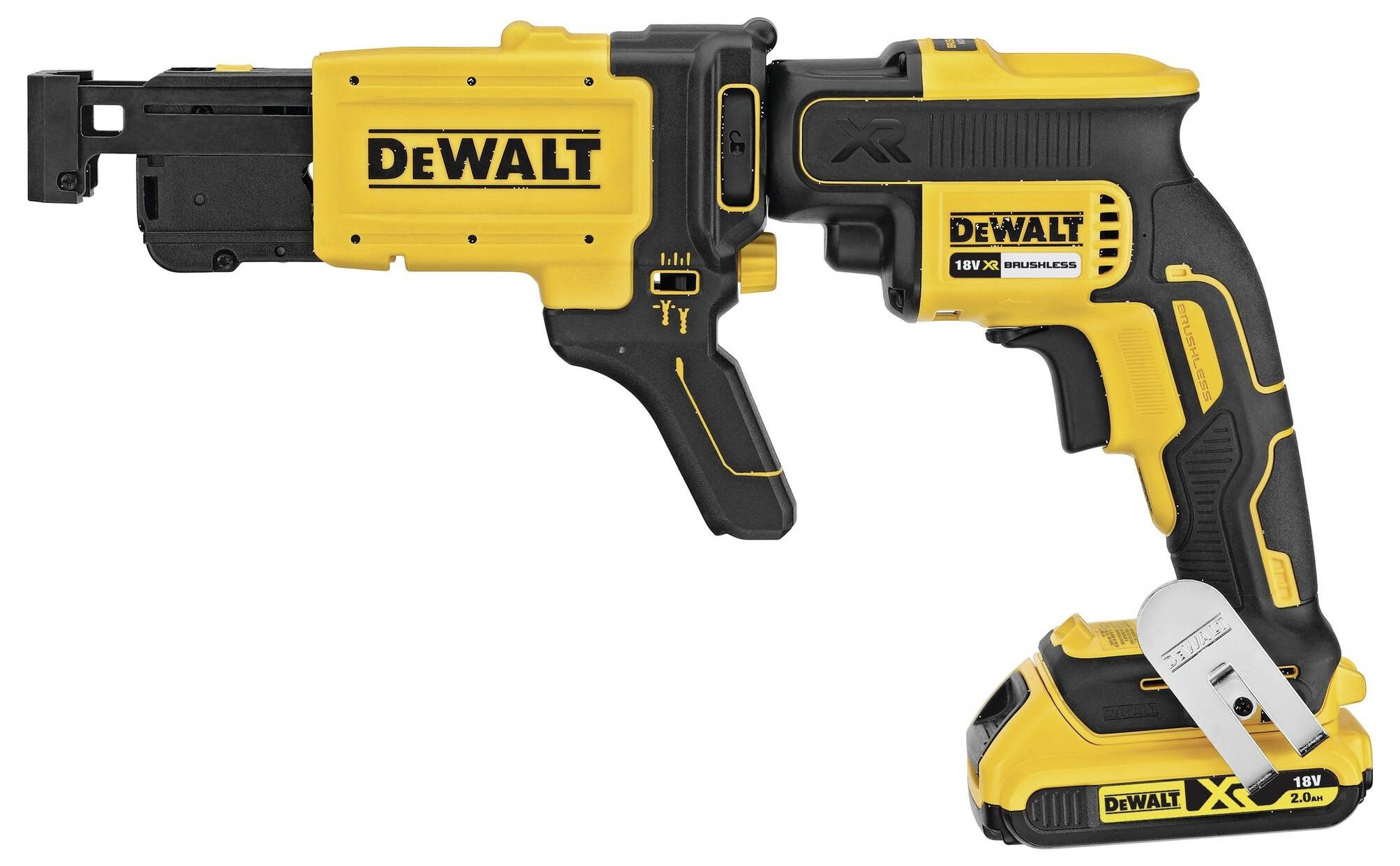Visseuse à cloisons sèches sans fil DEWALT en jaune et noir, avec poignée ergonomique et chargeur amovible pour une rapidité et une efficacité optimales.