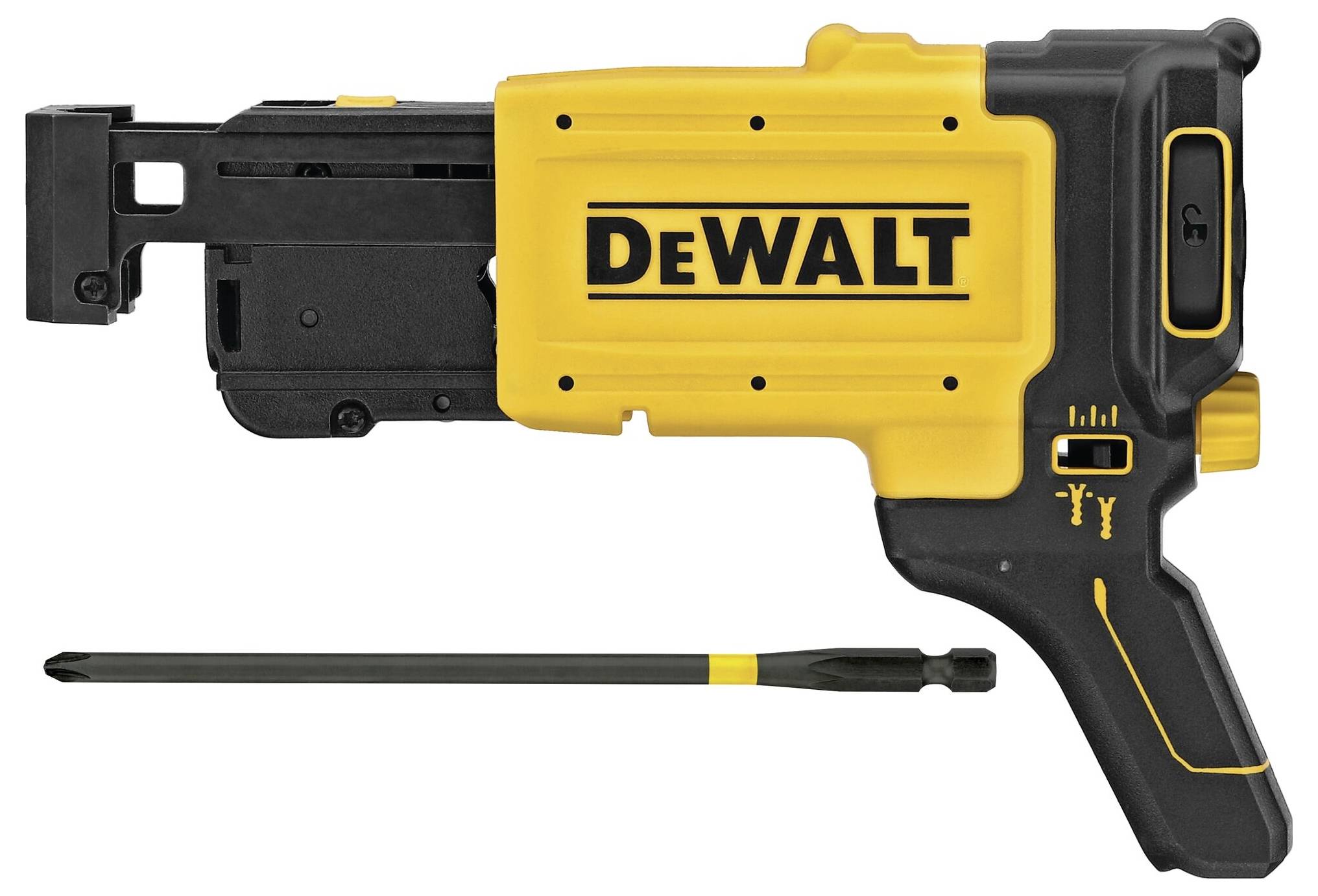 Outil électrique DeWalt, jaune et noir, avec une longue mèche ; adapté aux travaux de construction et de bricolage.