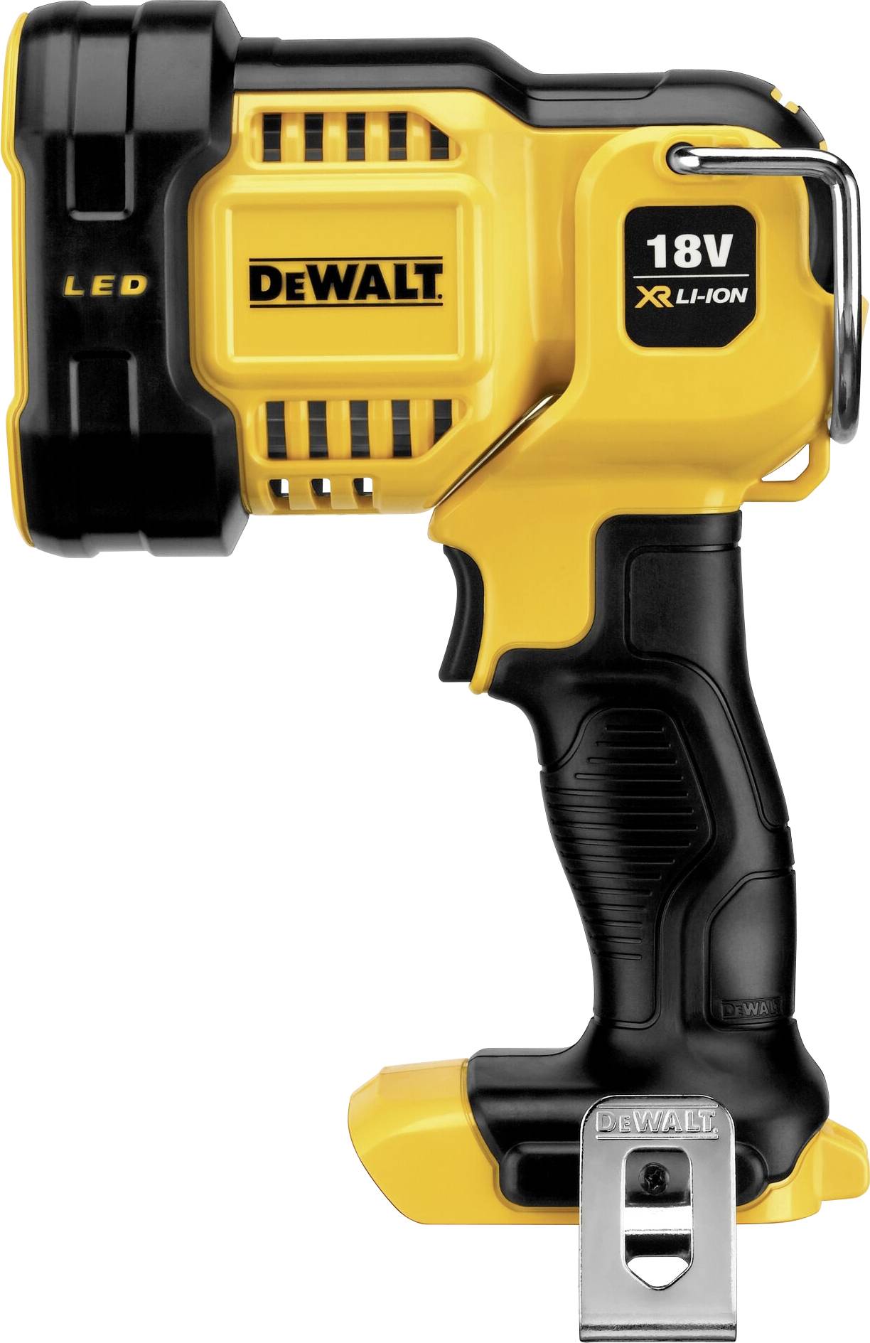 Une lampe de poche LED jaune et noire portant l'inscription 'DEWALT' et '18V XR Li-ION', adaptée aux artisans professionnels.