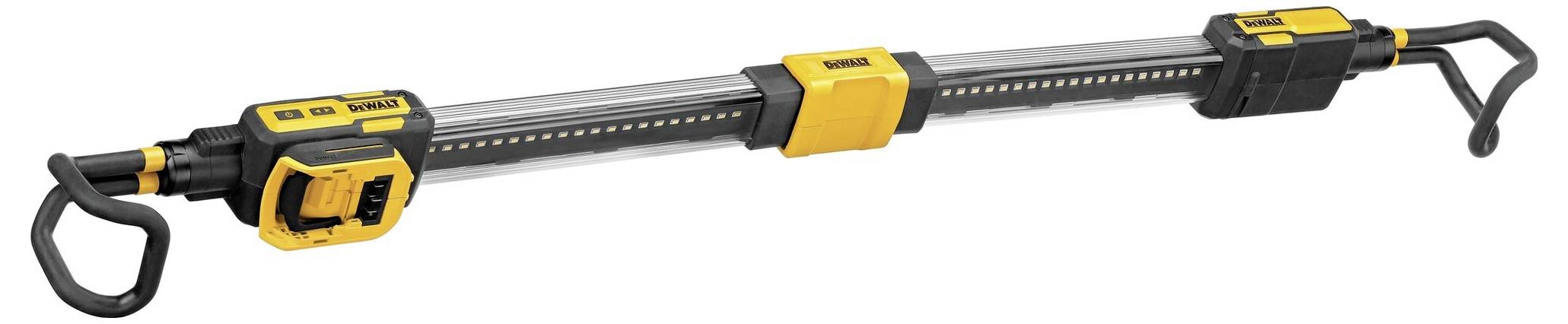 Lampe de travail LED commerciale, fonctionnant sur batterie, avec un crochet à chaque extrémité, idéale pour les travaux de construction ou de réparation.