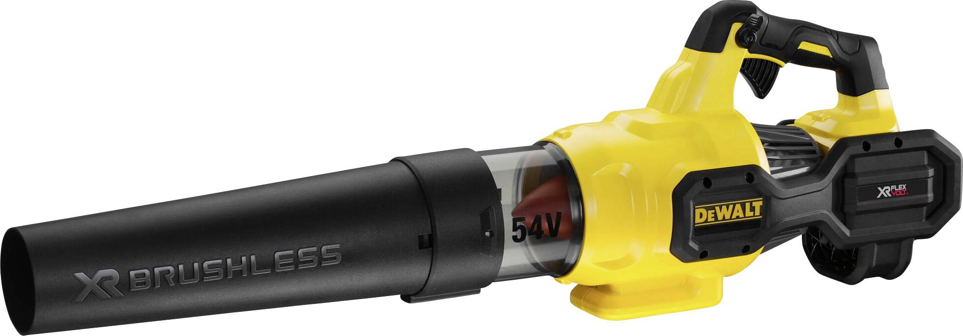 Un souffleur de feuilles jaune à batterie de la marque XR Brushless avec poignée et buse noires, adapté aux travaux de jardinage.