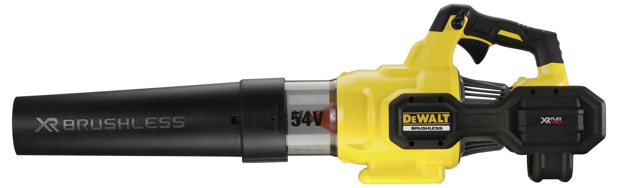 Souffleur de feuilles à batterie en jaune et noir portant l'inscription 'XR BRUSHLESS'. Le modèle affiche une puissance de 54V.