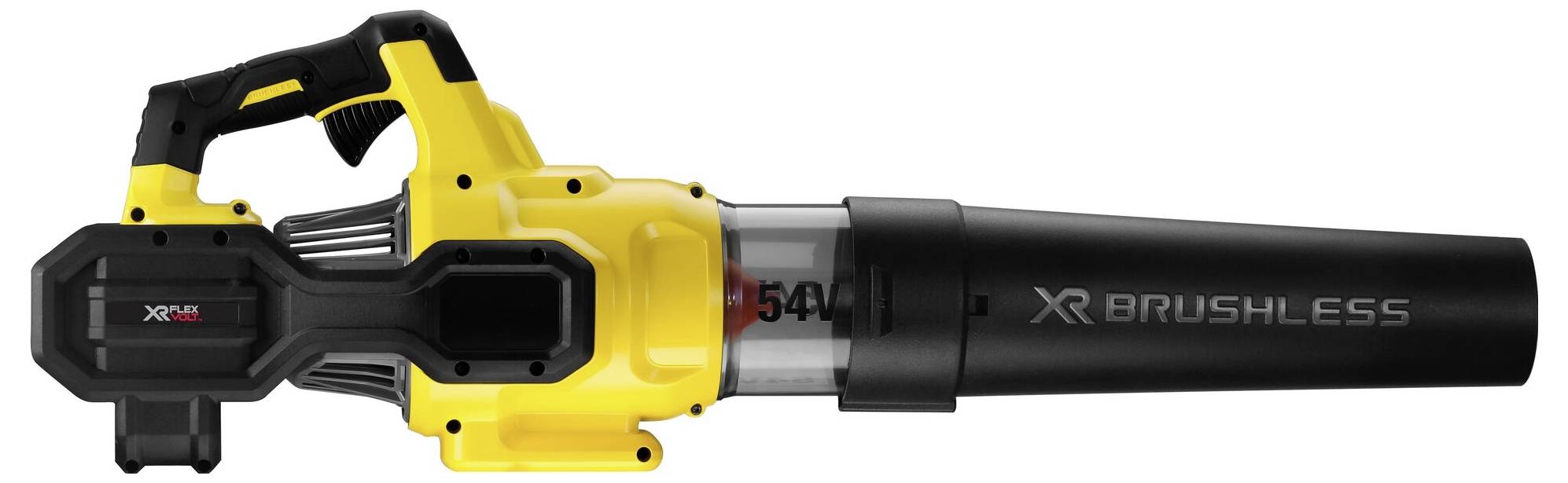 Souffleur de feuilles portable à batterie, jaune et noir, avec l'inscription 'XR BRUSHLESS', adapté aux travaux de jardinage.